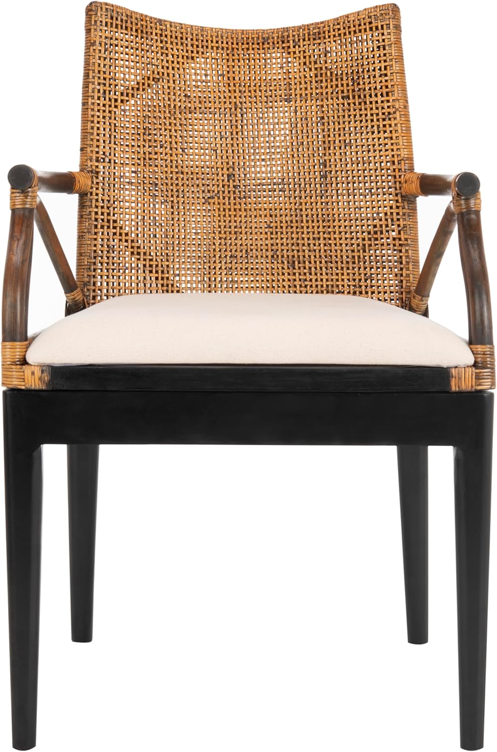 SAFAVIEH Home Collection - Gianni Brown & Black Solid Wood Rattan Arm Chair, Tropical Coastal Accent Seating for Living Room or Dining Space (SEA4011A)