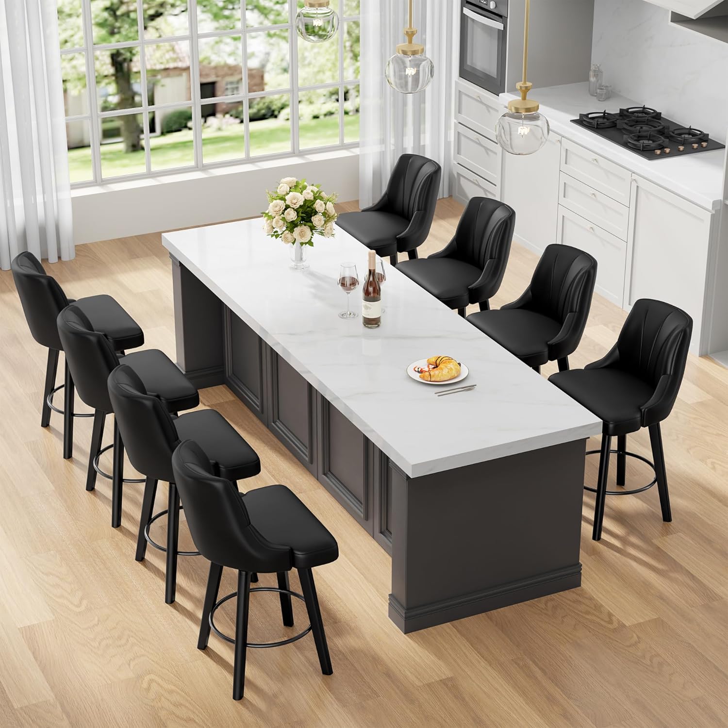 Counter Height Swivel Bar Stool, 24" Upholstered PU Leather Barstools Set of 3, Counter Stool Chair with Back & Solid Wood Legs for Kitchen Island Dining Room (Black)