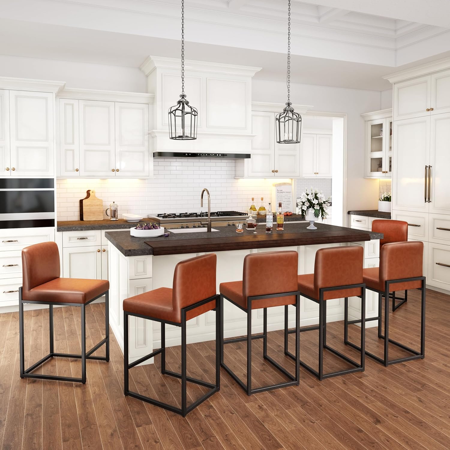 PHI VILLA Black Bar Stools Set of 4, Counter Height 24'' Barstool Pu Leather Bar Stools with Back, Kitchen Bar Chairs