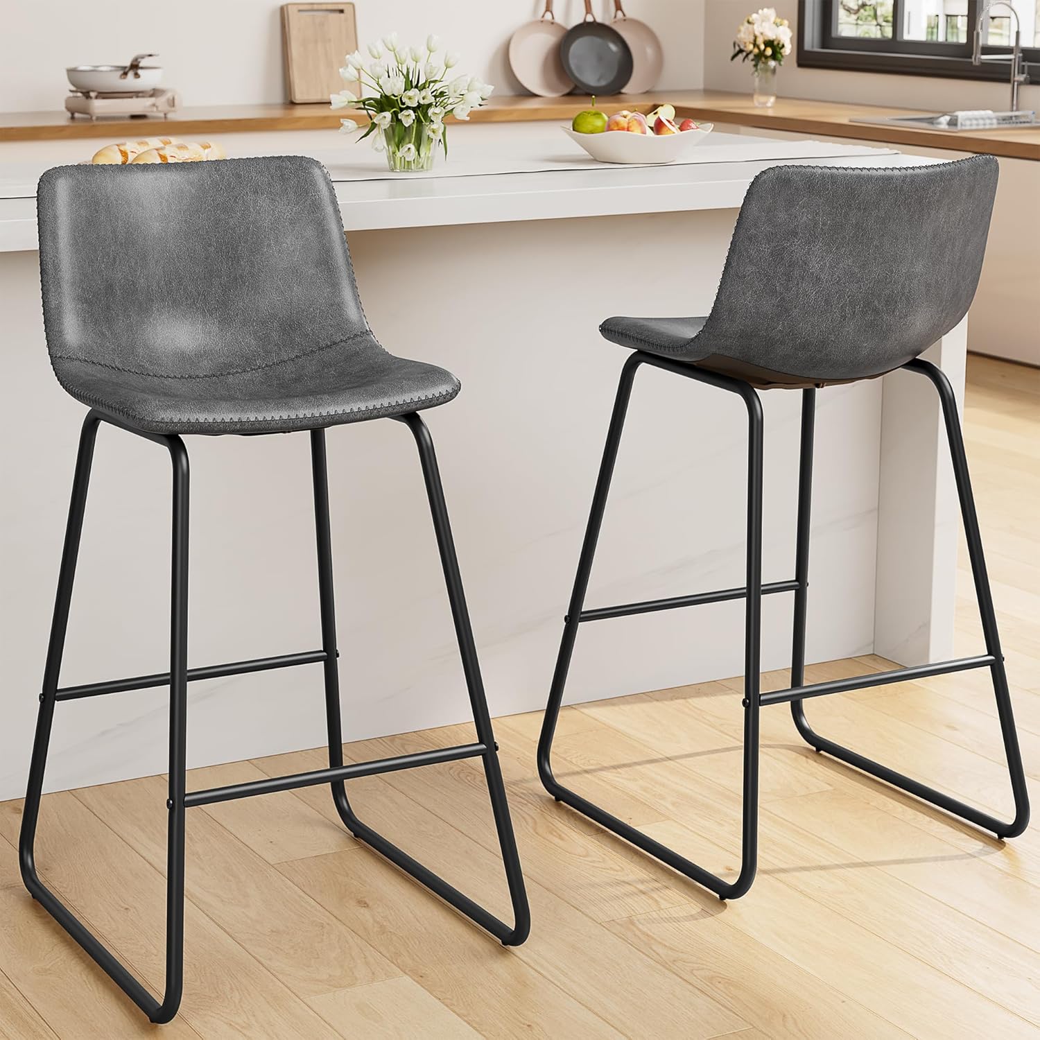 Bar Stools Set of 4, PU Leather Counter Height Bar Stools, 26" Modern Barstools with Metal Legs and Footrest, Urban Armless Dining Chairs with Backrest for Kitchen Island (Brown)