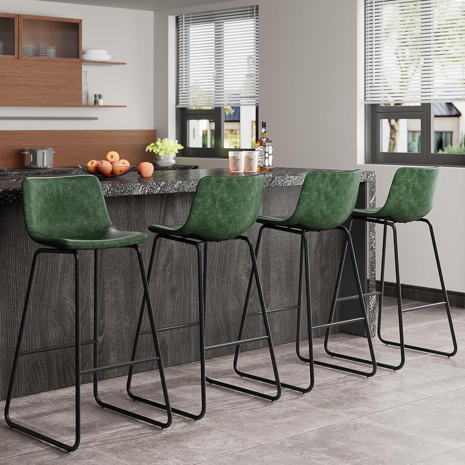 Bar Stools Set of 4, PU Leather Counter Height Bar Stools, 26" Modern Barstools with Metal Legs and Footrest, Urban Armless Dining Chairs with Backrest for Kitchen Island (Brown)