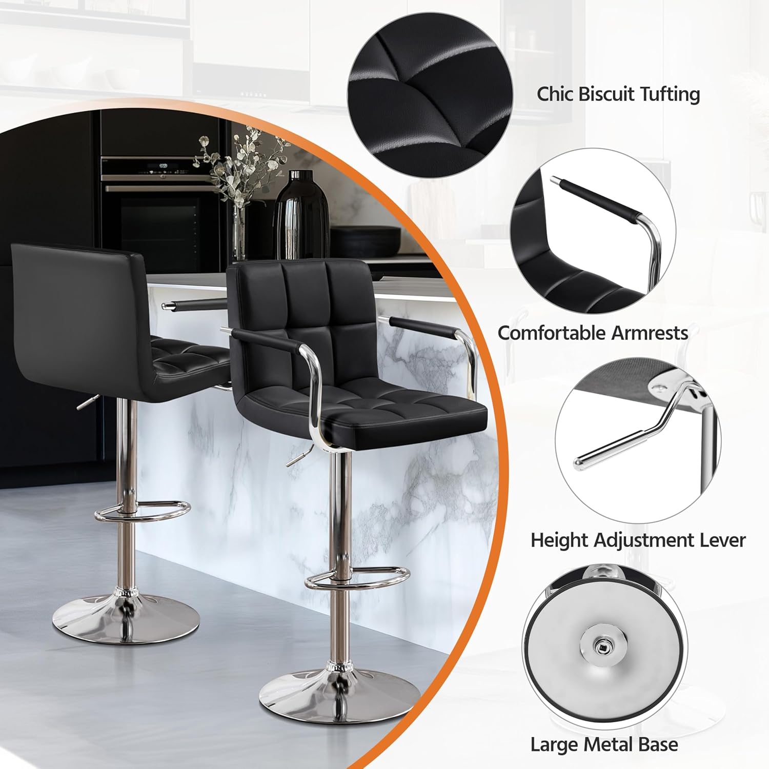 Yaheetech Bar Stools Set of 2, PU Leather Height Adjustable Swivel Barstools, Hydraulic Kitchen Counter Height Bar Chairs with Armrest and Back for Kitchen, Dining Room, Black