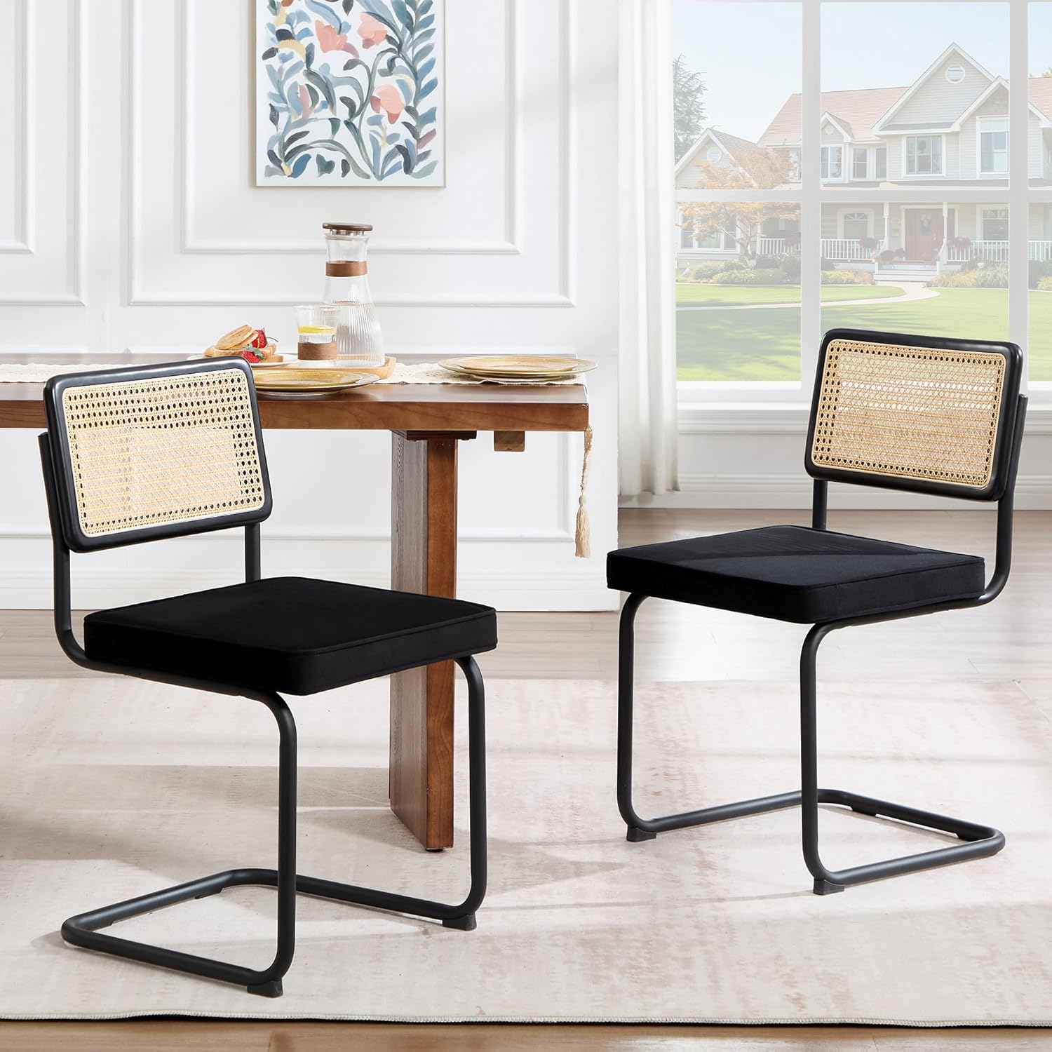 Zesthouse Natural Rattan Dining Chairs Set of 2, Modern Dining Room Chairs with Solid Wood Back for Kitchen Living Room, Mid Century Breuer Design Inspired, Upholstered Faux Leather Brown