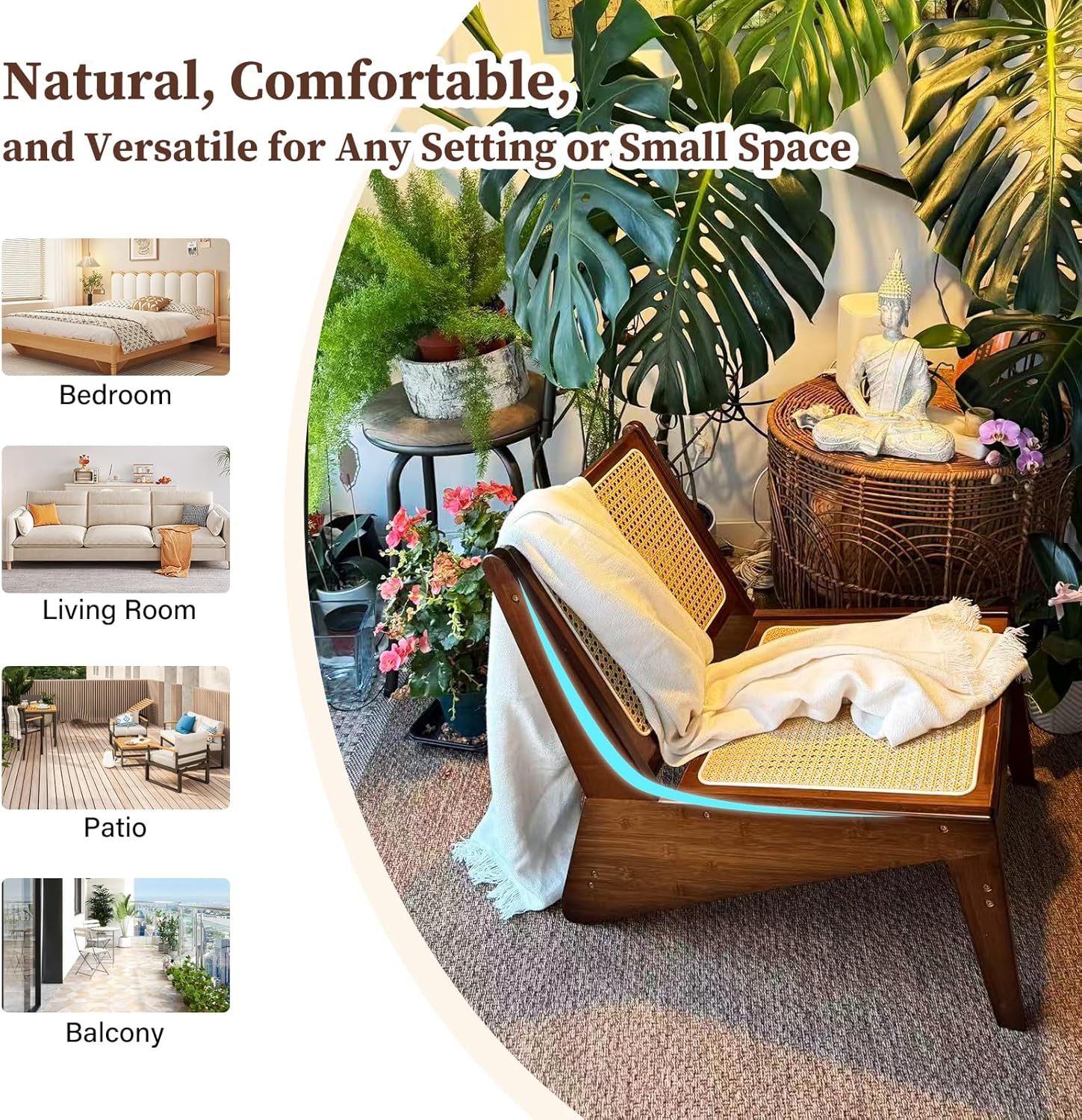 Mid-Century Accent Chair, Rattan Lounge Chair for Living Room, Boho Side Corner Comfy Chair for Bedroom and Balcony, Walnut