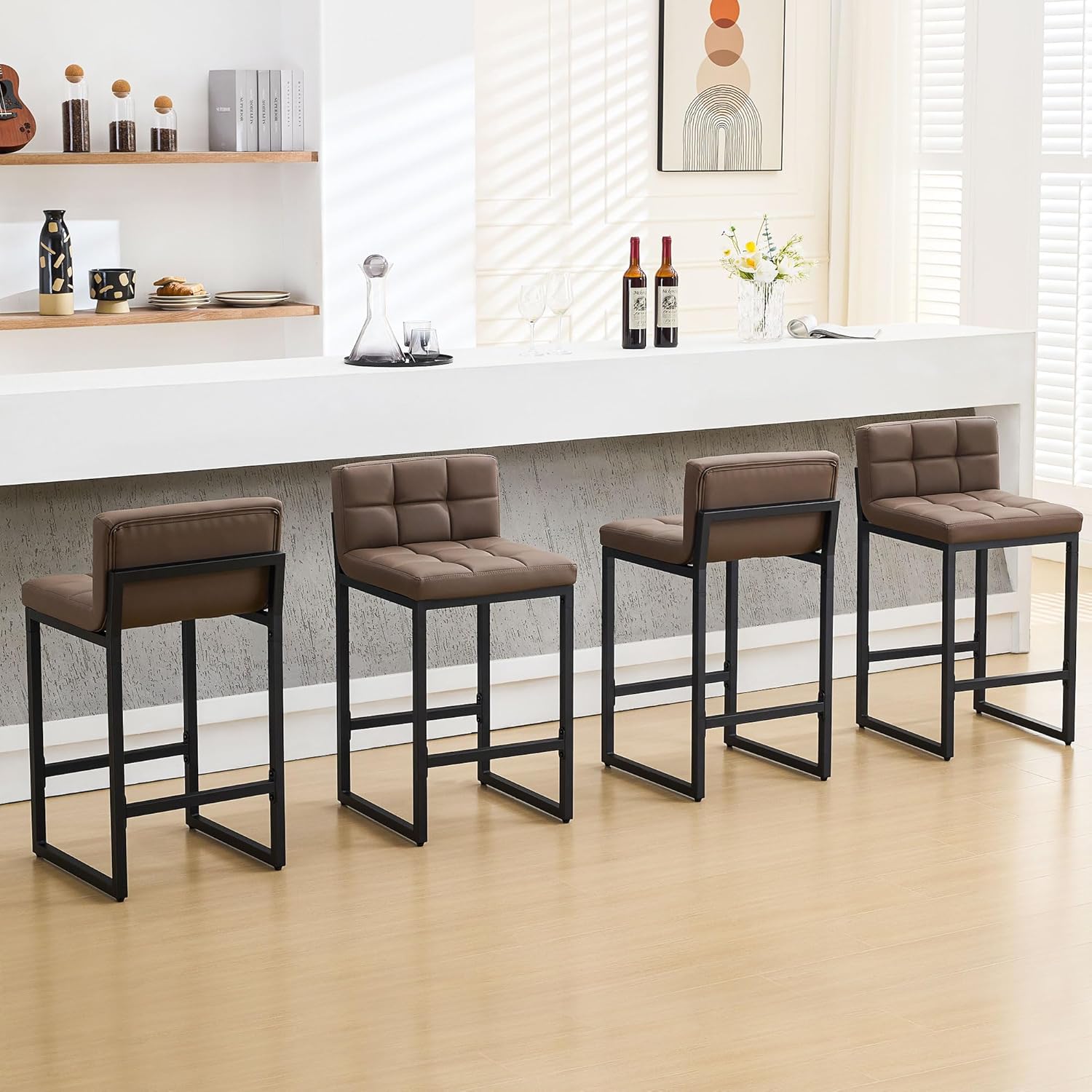 Bar Stools Set of 3, Upholstered PU Leather Counter Height Barstools with Low Back and Thickened Metal Legs, Modern Island Chairs for Kitchen Island (Caramel Brown, 3Pcs 26" Bar Stools)