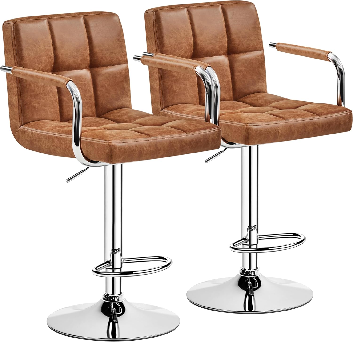 Yaheetech Bar Stools Set of 2, PU Leather Height Adjustable Swivel Barstools, Hydraulic Kitchen Counter Height Bar Chairs with Armrest and Back for Kitchen, Dining Room, Black