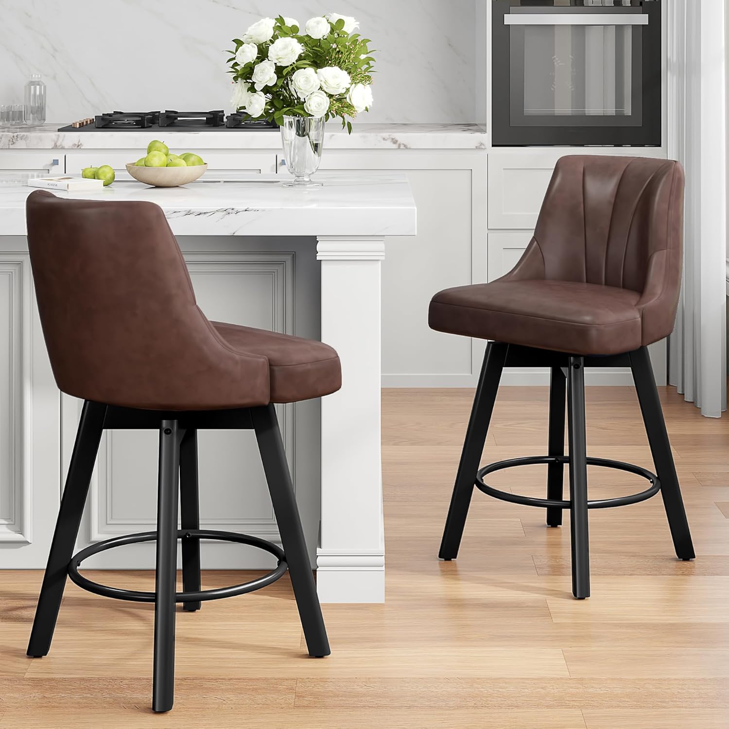 Counter Height Swivel Bar Stool, 24" Upholstered PU Leather Barstools Set of 3, Counter Stool Chair with Back & Solid Wood Legs for Kitchen Island Dining Room (Black)