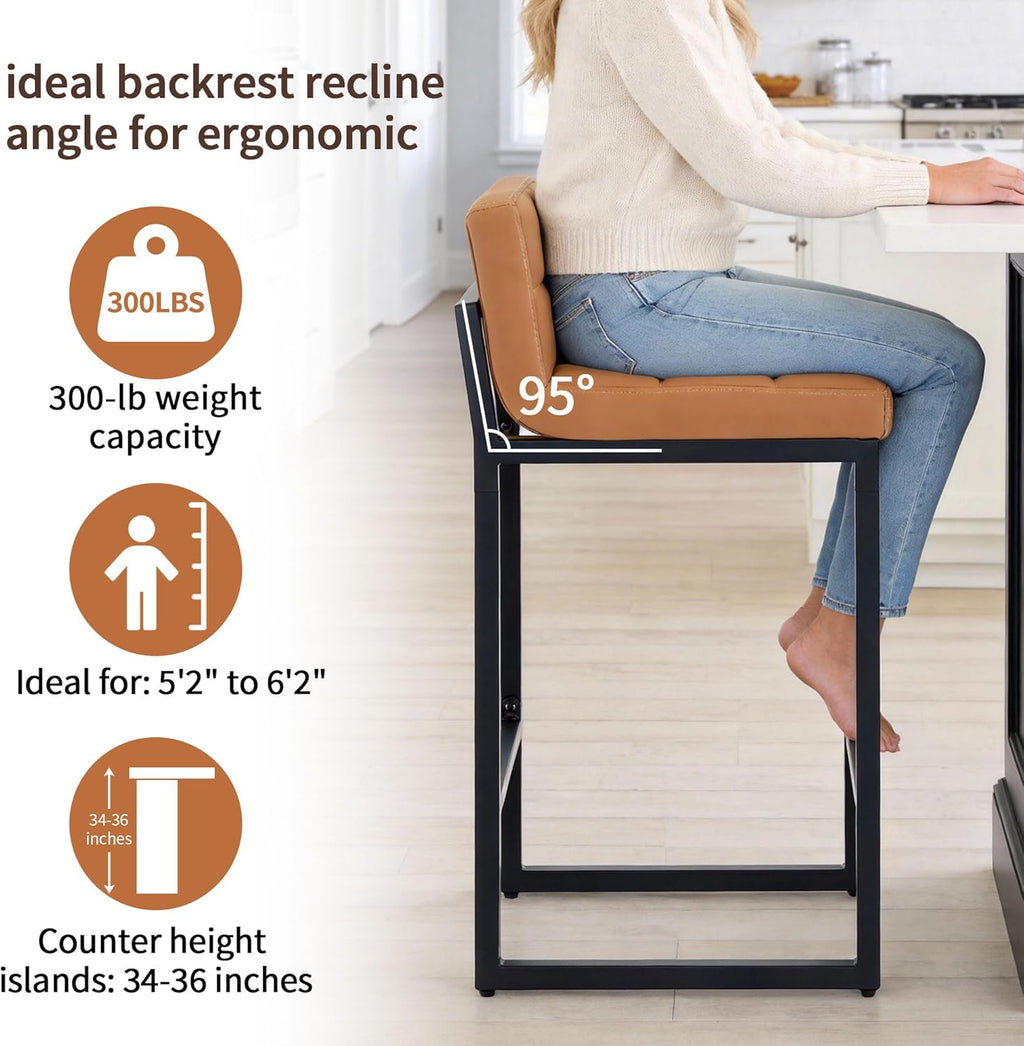 Bar Stools Set of 3, Upholstered PU Leather Counter Height Barstools with Low Back and Thickened Metal Legs, Modern Island Chairs for Kitchen Island (Caramel Brown, 3Pcs 26" Bar Stools)