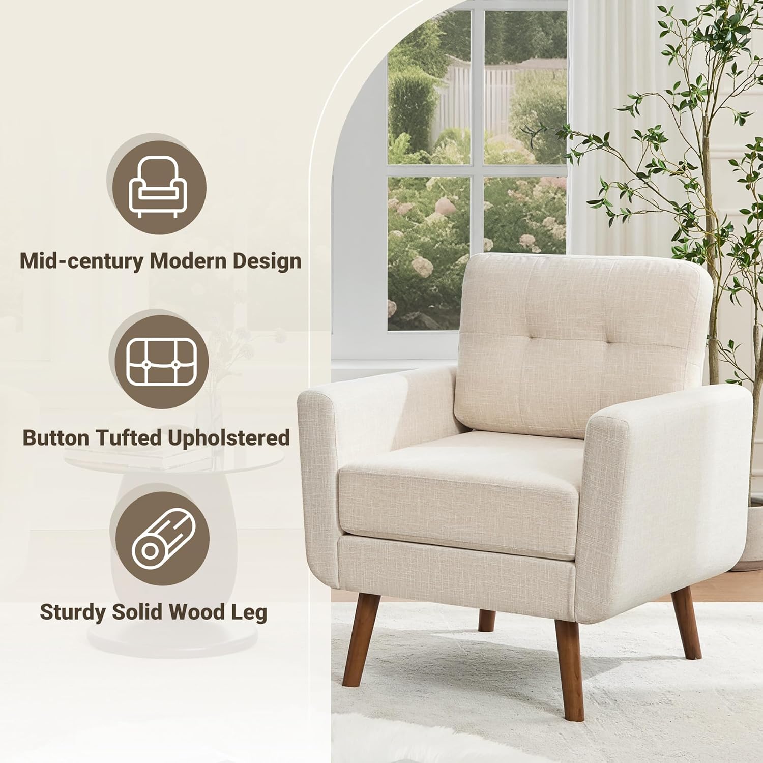 Tbfit Linen Fabric Single Sofa, Accent Chair, Mid Century Modern Armchair for Living Room, Bedroom Button Tufted Upholstered Comfy Reading Sofas, Beige | linen fabric, button tufted, solid wood foot, pocket spring, wood slats frame