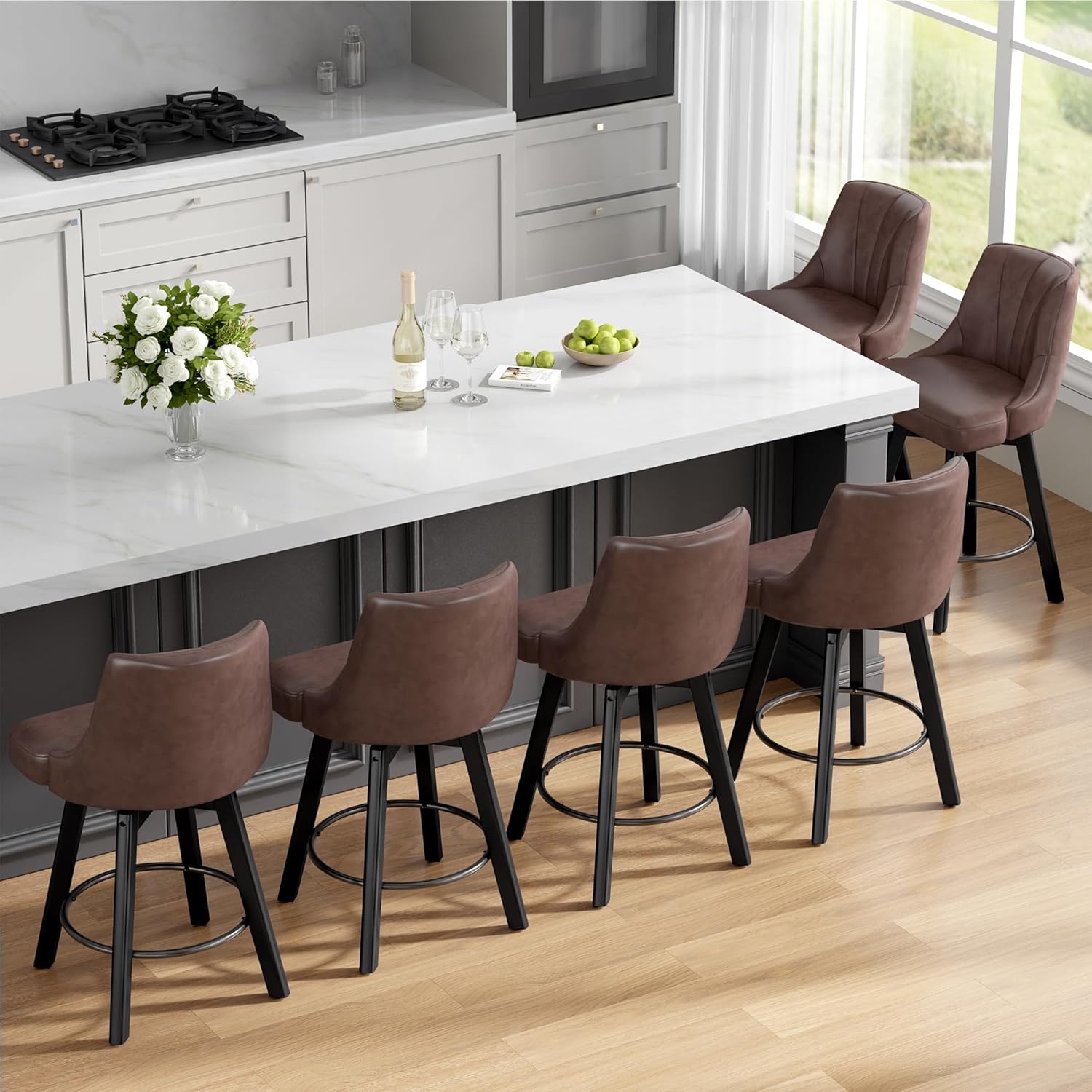 Counter Height Swivel Bar Stool, 24" Upholstered PU Leather Barstools Set of 3, Counter Stool Chair with Back & Solid Wood Legs for Kitchen Island Dining Room (Black)