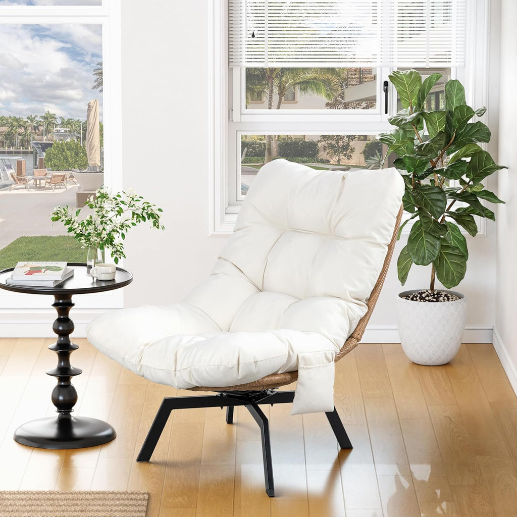 Shintenchi Outdoor Rattan Swivel Chair,Nature Wicker Patio Rotating Chair with Beige Thickened Cushion and Side Pocket,360° Rotation Patio Lounge Chairs for Living Room Bedroom Backyard Balcony