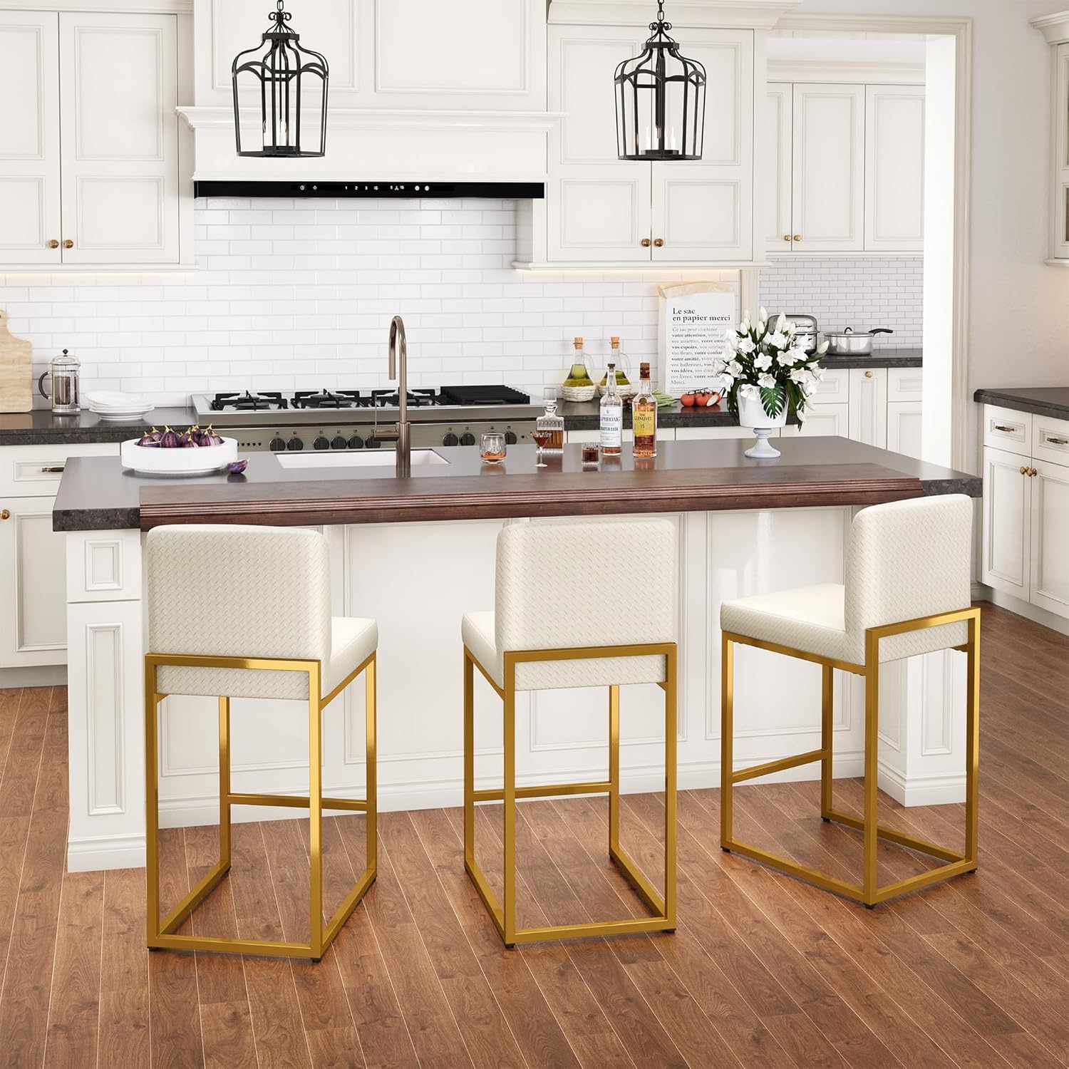 PHI VILLA Black Bar Stools Set of 4, Counter Height 24'' Barstool Pu Leather Bar Stools with Back, Kitchen Bar Chairs