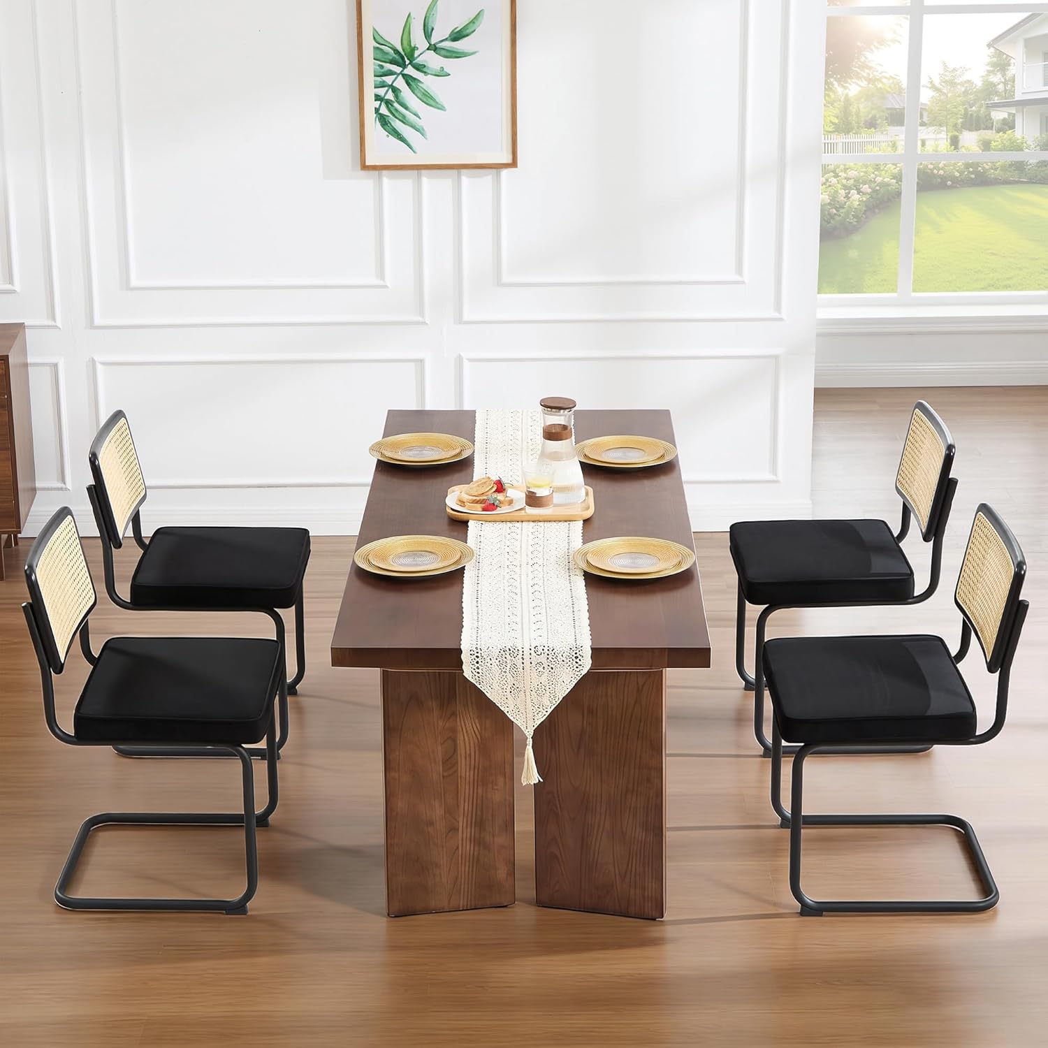 Zesthouse Natural Rattan Dining Chairs Set of 2, Modern Dining Room Chairs with Solid Wood Back for Kitchen Living Room, Mid Century Breuer Design Inspired, Upholstered Faux Leather Brown