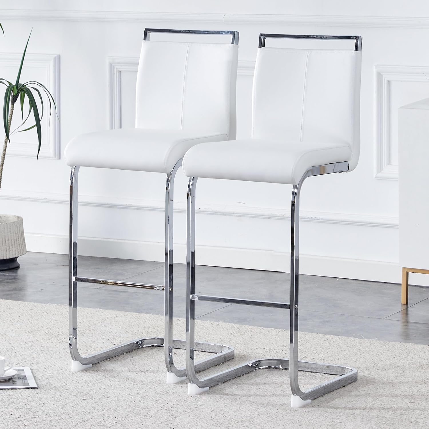 Counter Height Bar Stools Set of 4,25" PU Leather Bar Stools with Back,Counter High Chairs with Black Painted Metal Legs,White Bar Stool of 4 for Kitchen Island,Bar Counter (White,25" H)