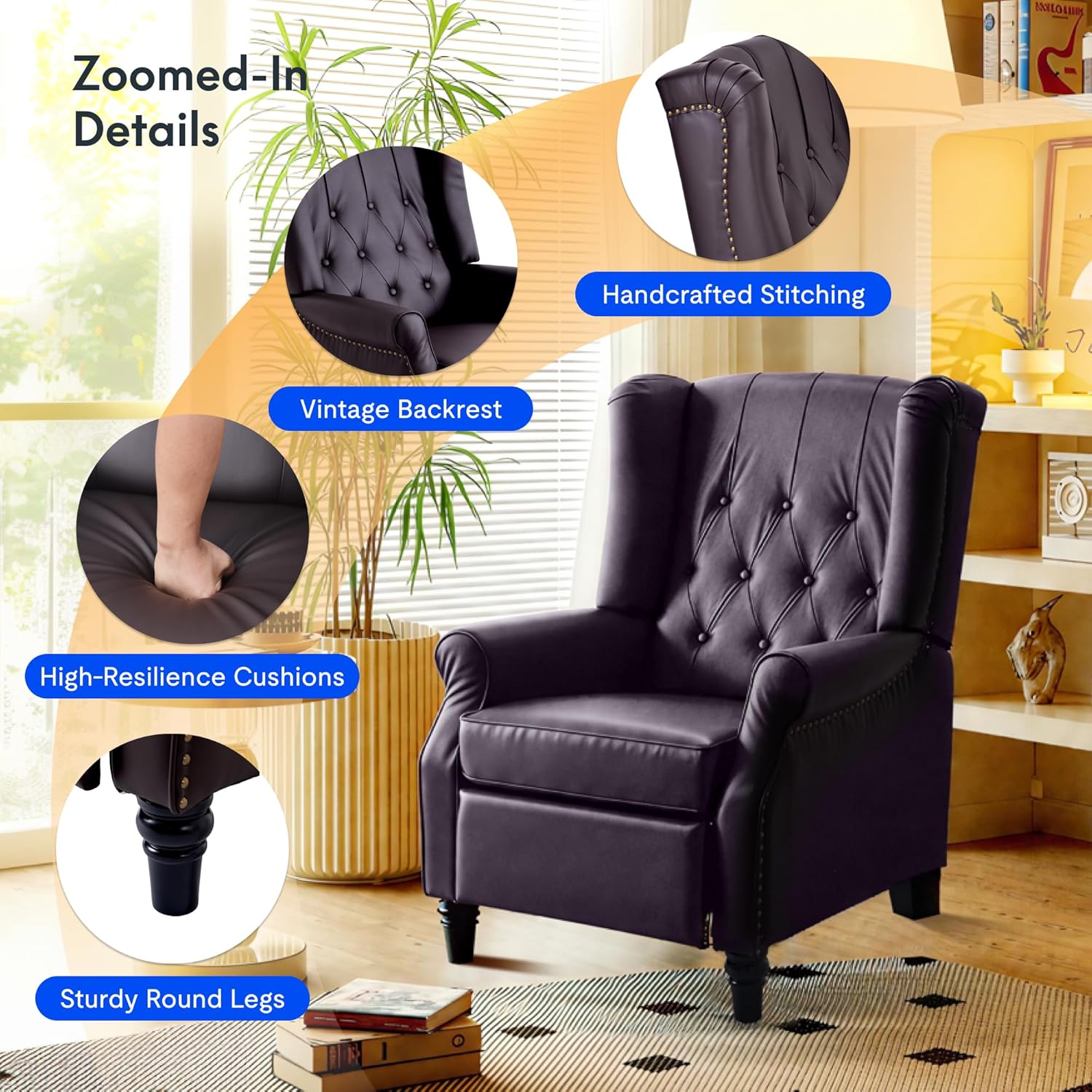 FLEXISPOT XC5 Pushback Recliner Chair for Adults, Mid Century Wingback Accent Chair with Rivet Decoration, Tufted Upholstered Single Sofa Armchair for Living Room, Bedroom, Study (Fabric, White)