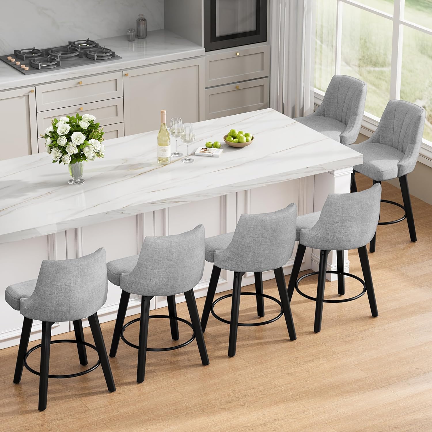 Counter Height Swivel Bar Stool, 24" Upholstered PU Leather Barstools Set of 3, Counter Stool Chair with Back & Solid Wood Legs for Kitchen Island Dining Room (Black)