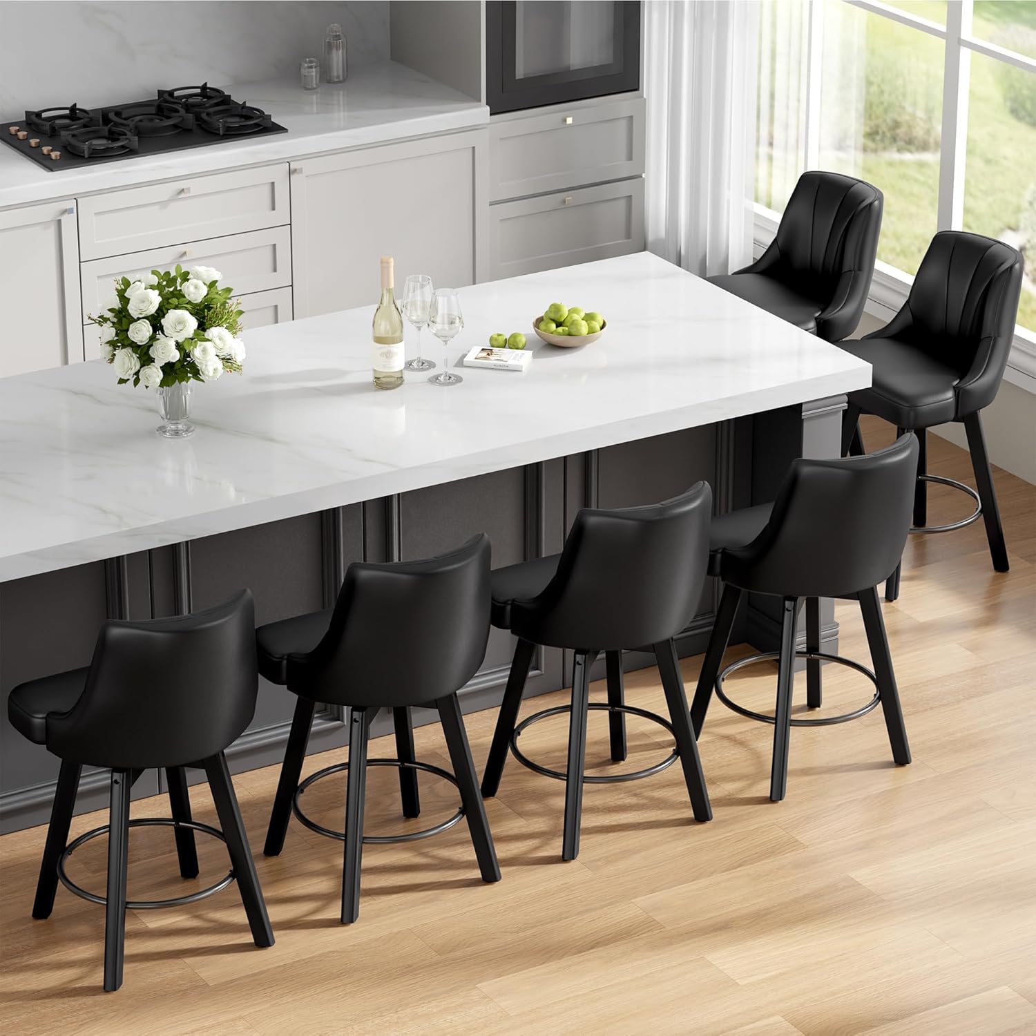 Counter Height Swivel Bar Stool, 24" Upholstered PU Leather Barstools Set of 3, Counter Stool Chair with Back & Solid Wood Legs for Kitchen Island Dining Room (Black)