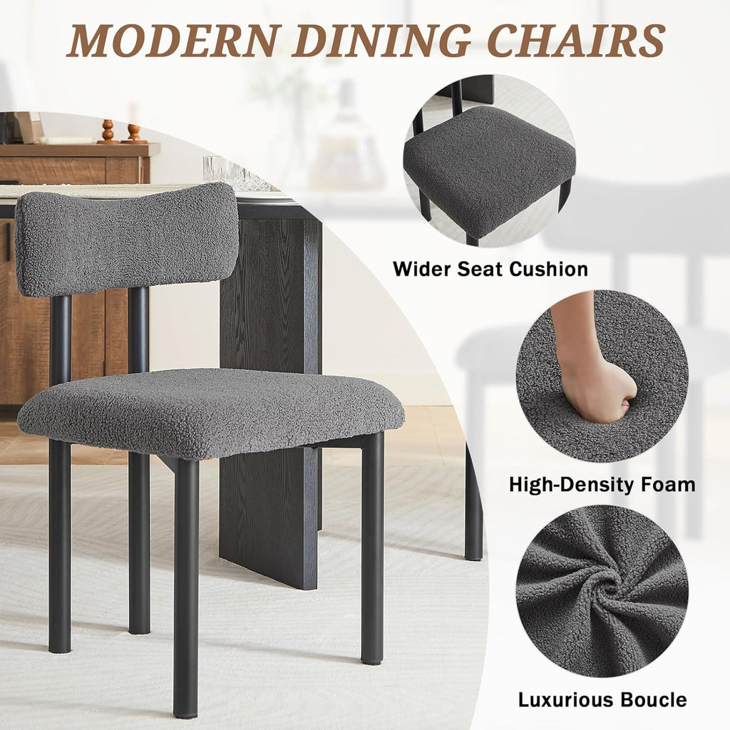 Boucle Dining Chairs Set of 4, Upholstered Kitchen Dinning Room Chair with Curved Backrest and Metal Frame, Mid Century Modern Kitchen Chair for Dining Room, Restaurant, Grey