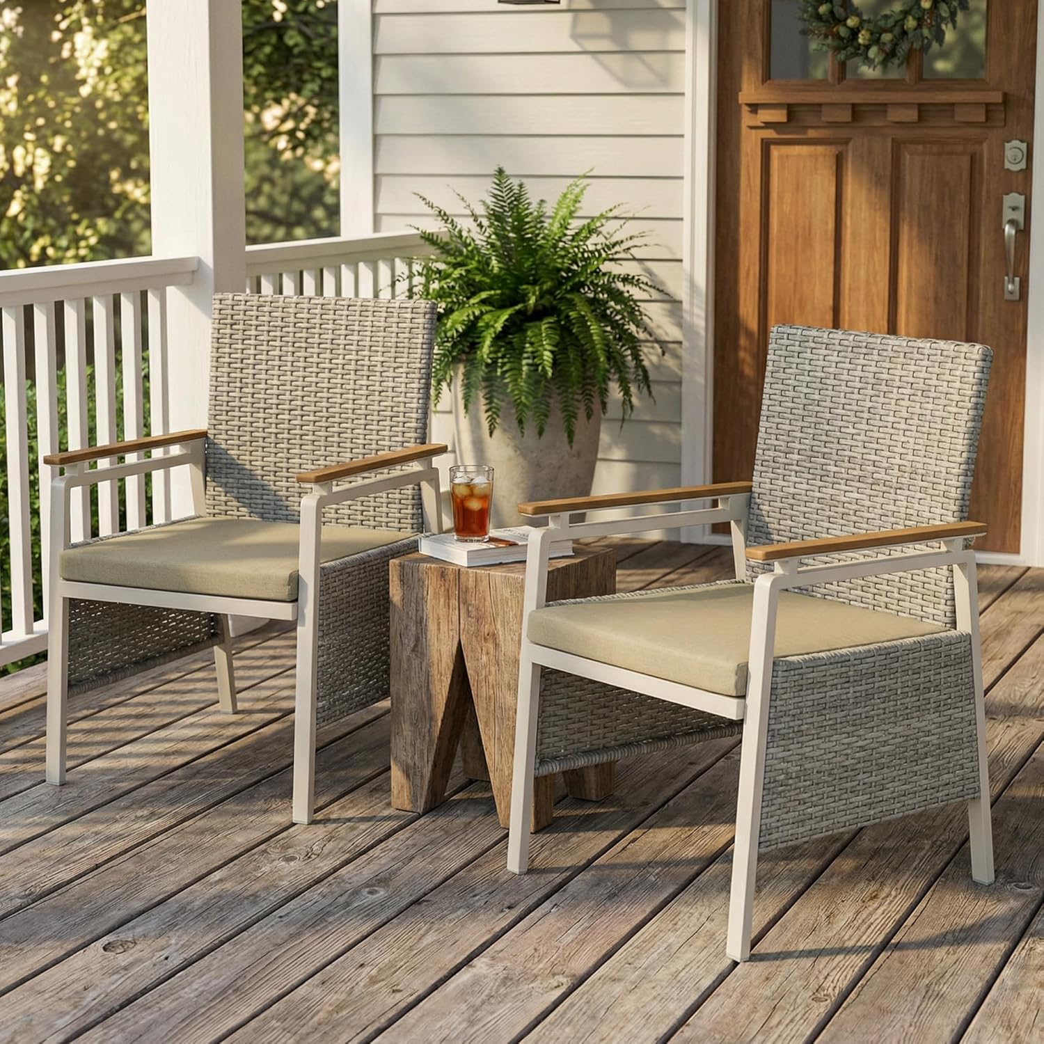 Aluminum Outdoor Dining Chairs Set of 2, Patio Dining Chairs with Armrests, Rattan Patio Furniture Set, Dining Room Chair with Removable Cushions, Kitchen Table Chair for Balcony/Deck, Green