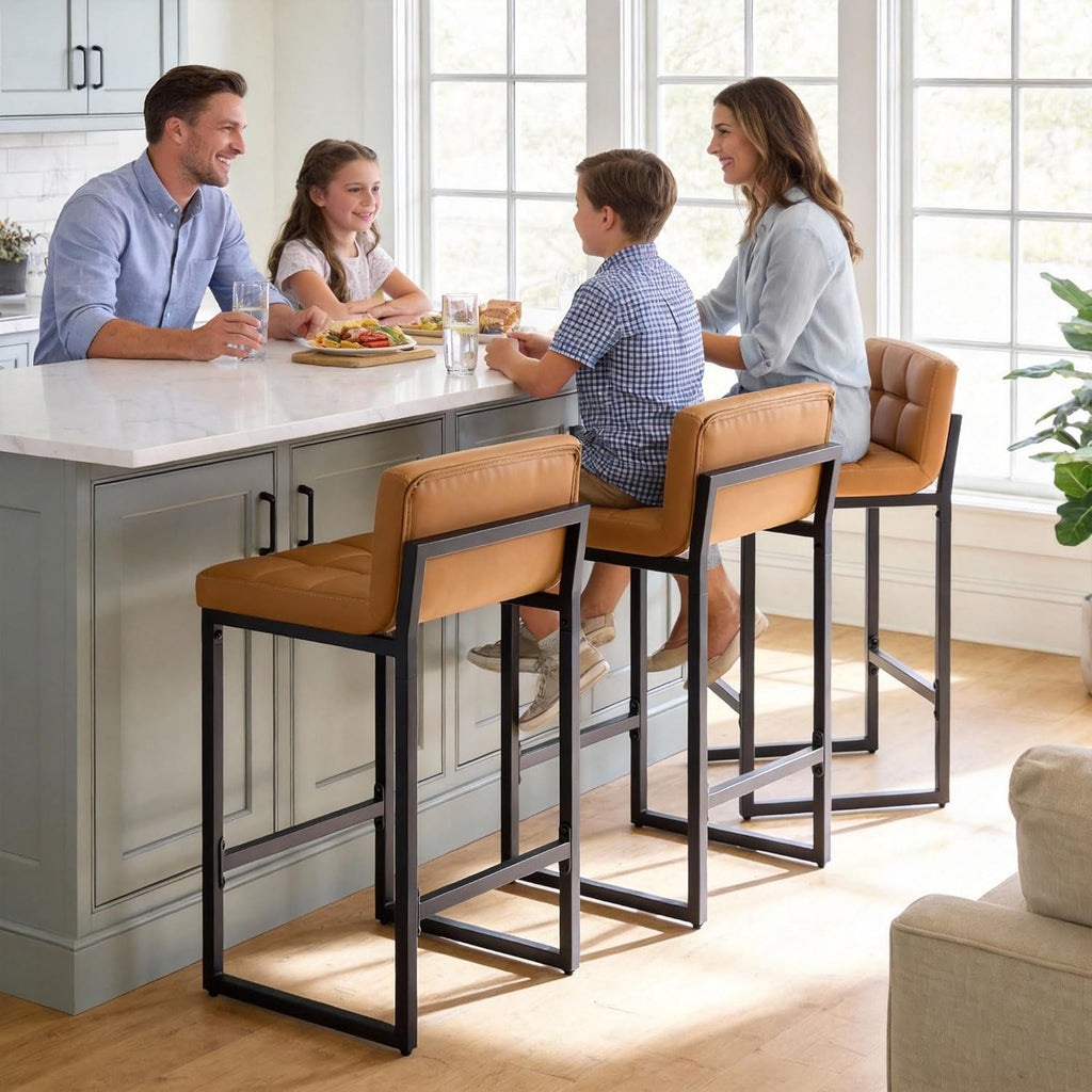 Bar Stools Set of 3, Upholstered PU Leather Counter Height Barstools with Low Back and Thickened Metal Legs, Modern Island Chairs for Kitchen Island (Caramel Brown, 3Pcs 26" Bar Stools)