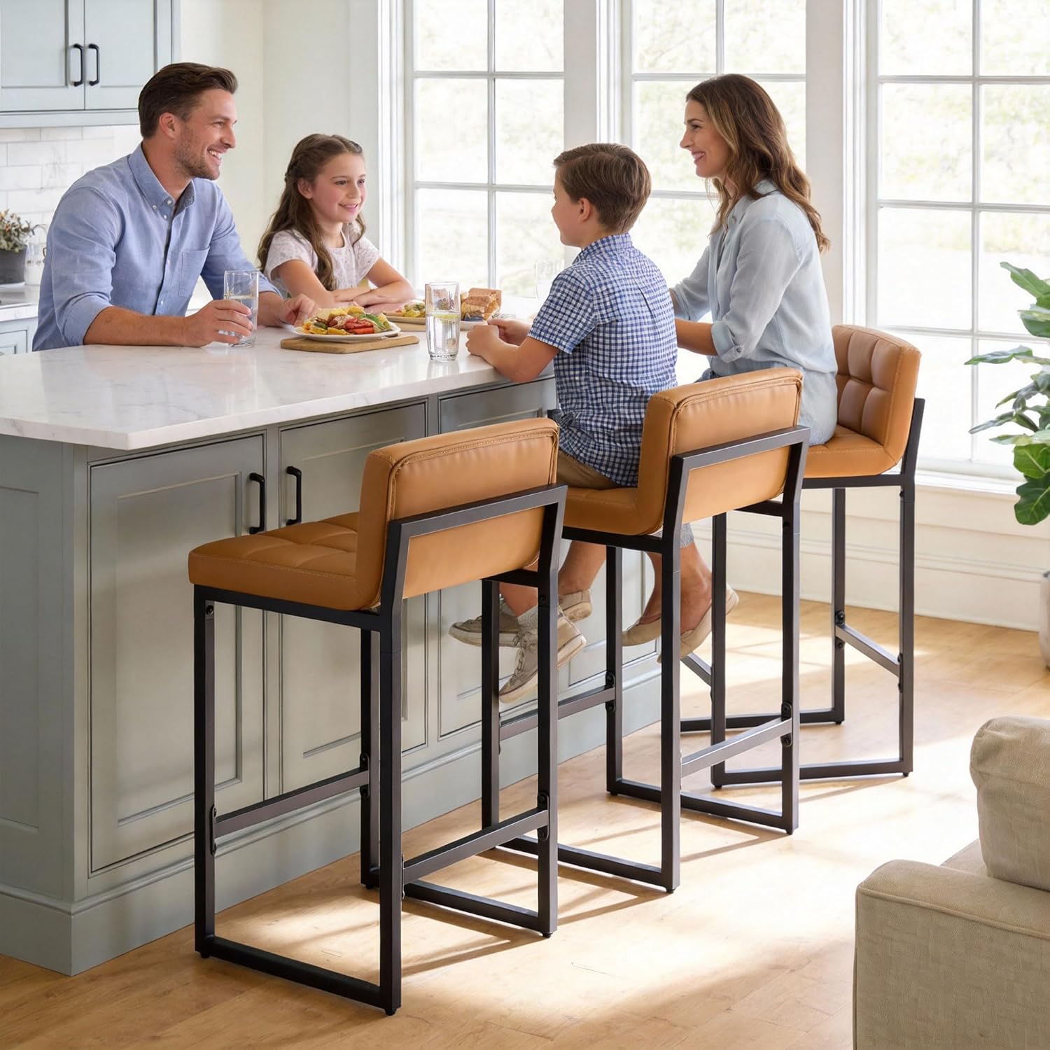 Bar Stools Set of 3, Upholstered PU Leather Counter Height Barstools with Low Back and Thickened Metal Legs, Modern Island Chairs for Kitchen Island (Caramel Brown, 3Pcs 26" Bar Stools)