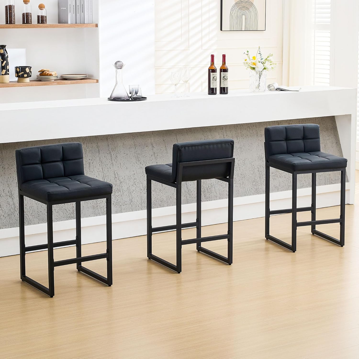Bar Stools Set of 3, Upholstered PU Leather Counter Height Barstools with Low Back and Thickened Metal Legs, Modern Island Chairs for Kitchen Island (Caramel Brown, 3Pcs 26" Bar Stools)