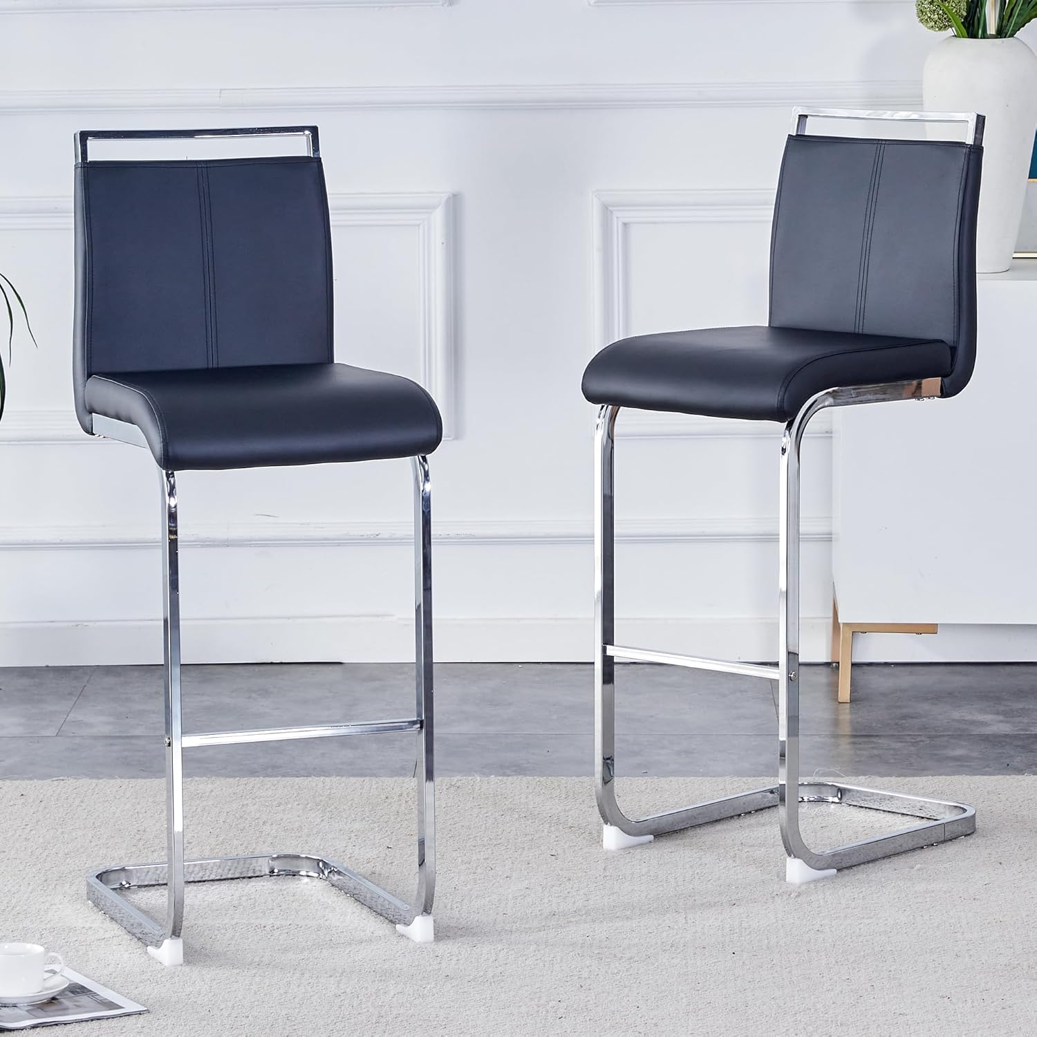 Counter Height Bar Stools Set of 4,25" PU Leather Bar Stools with Back,Counter High Chairs with Black Painted Metal Legs,White Bar Stool of 4 for Kitchen Island,Bar Counter (White,25" H)