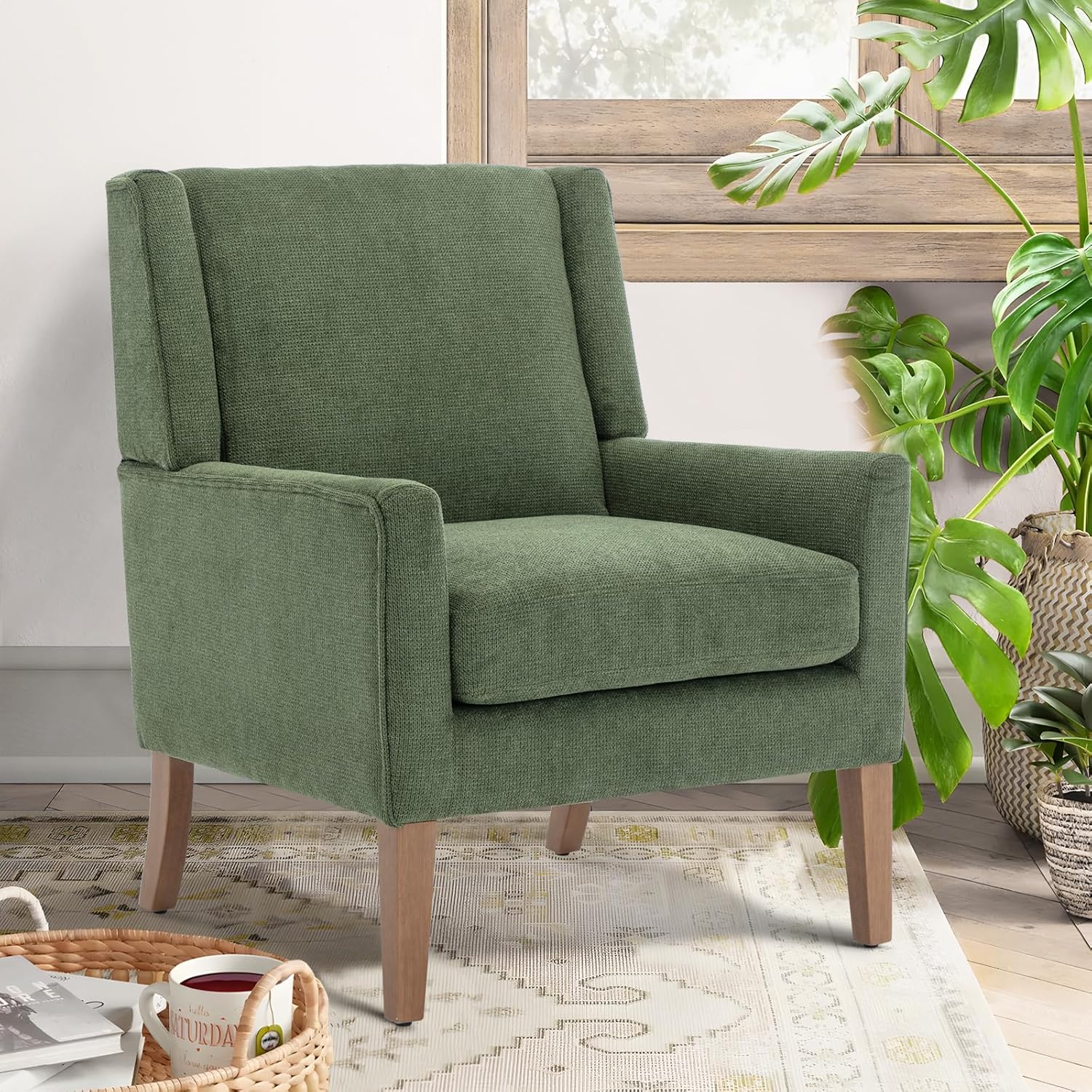 COLAMY Modern Wingback Living Room Chair, Upholstered Fabric Accent Armchair, Single Sofa Chair with Lounge Seat and Wood Legs for Bedroom/Office/Reading Spaces, Gery