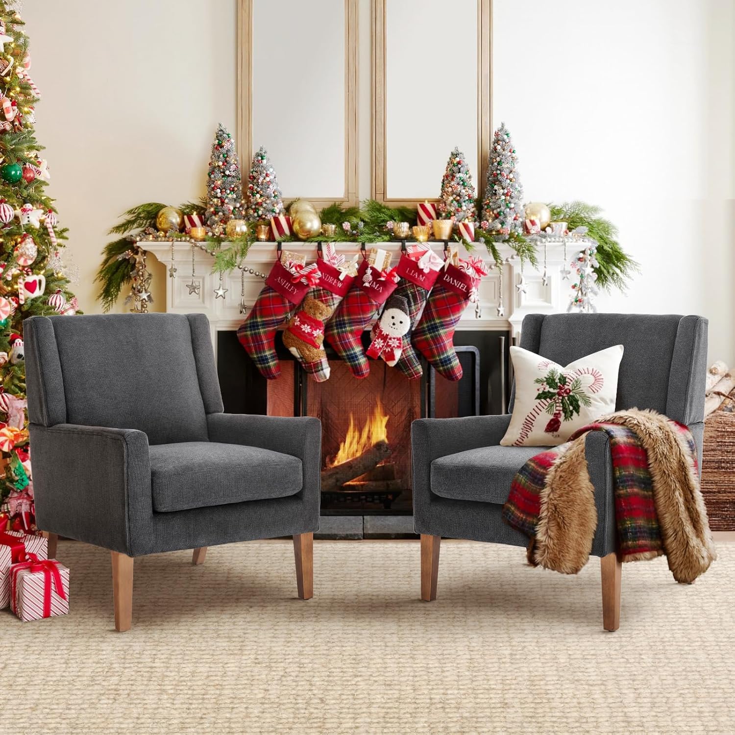 COLAMY Modern Wingback Living Room Chair, Upholstered Fabric Accent Armchair, Single Sofa Chair with Lounge Seat and Wood Legs for Bedroom/Office/Reading Spaces, Brown