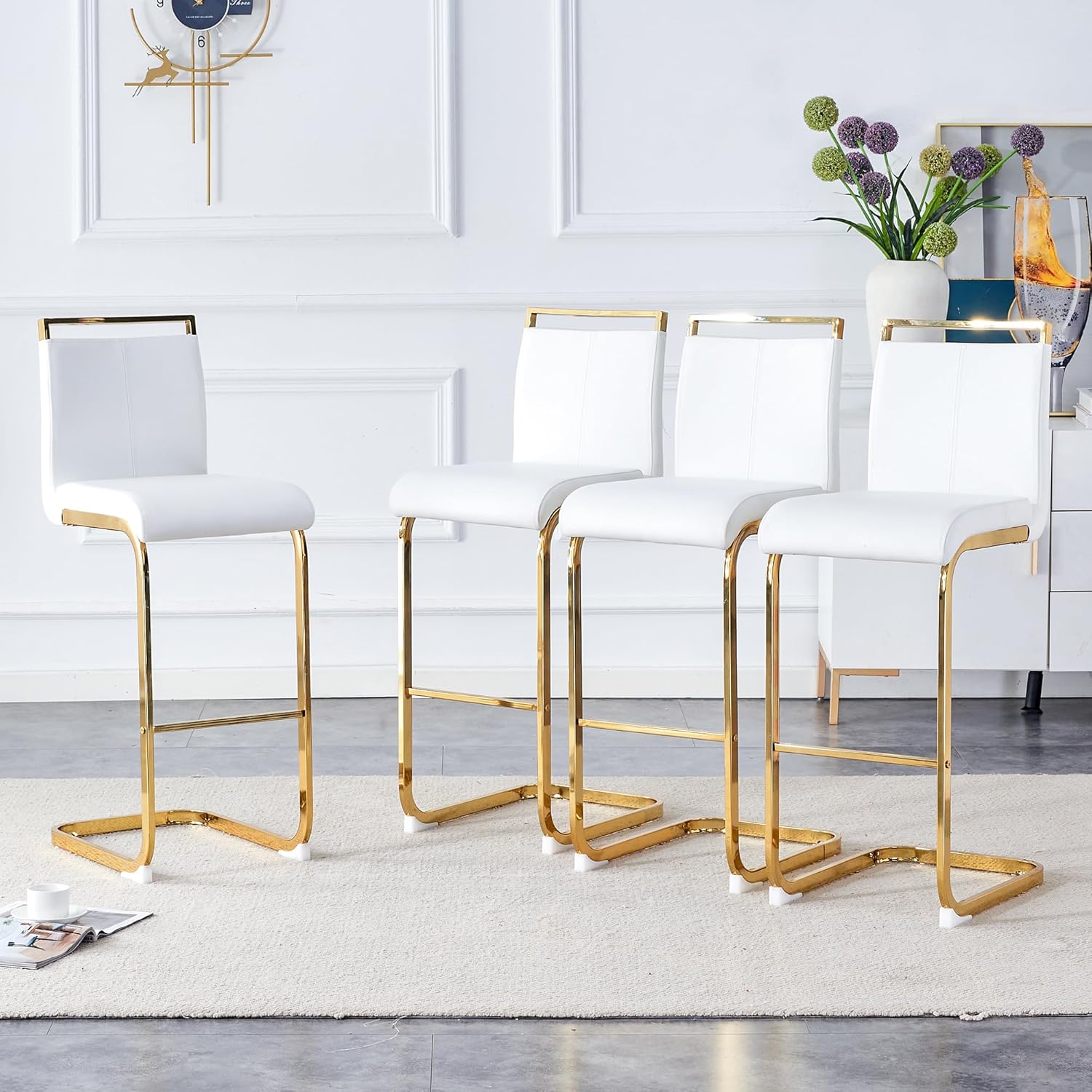 Counter Height Bar Stools Set of 4,25" PU Leather Bar Stools with Back,Counter High Chairs with Black Painted Metal Legs,White Bar Stool of 4 for Kitchen Island,Bar Counter (White,25" H)