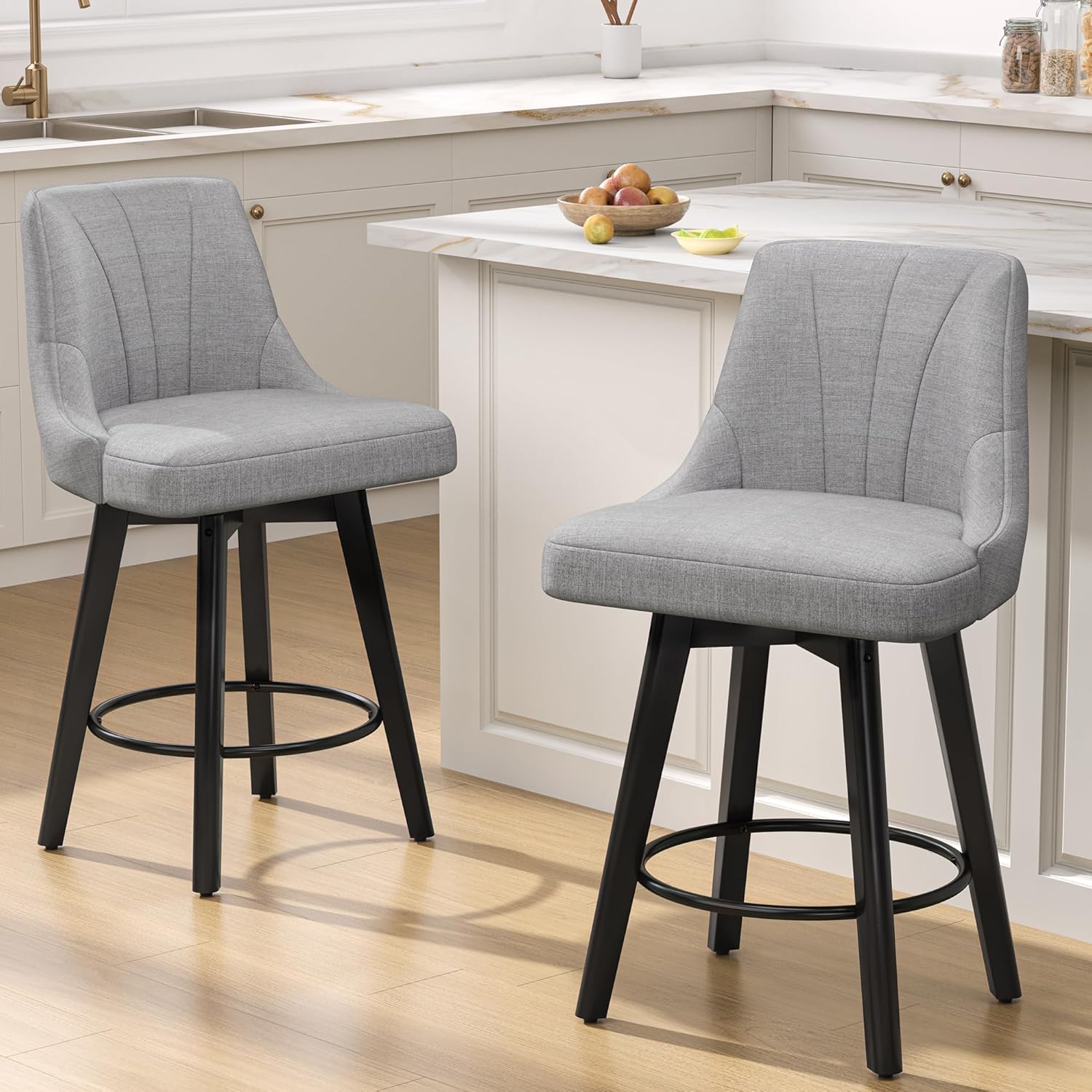 Counter Height Swivel Bar Stool, 24" Upholstered PU Leather Barstools Set of 3, Counter Stool Chair with Back & Solid Wood Legs for Kitchen Island Dining Room (Black)