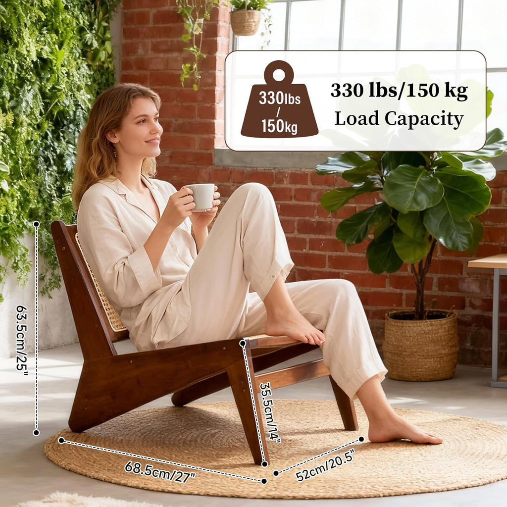 Mid-Century Accent Chair, Rattan Lounge Chair for Living Room, Boho Side Corner Comfy Chair for Bedroom and Balcony, Walnut
