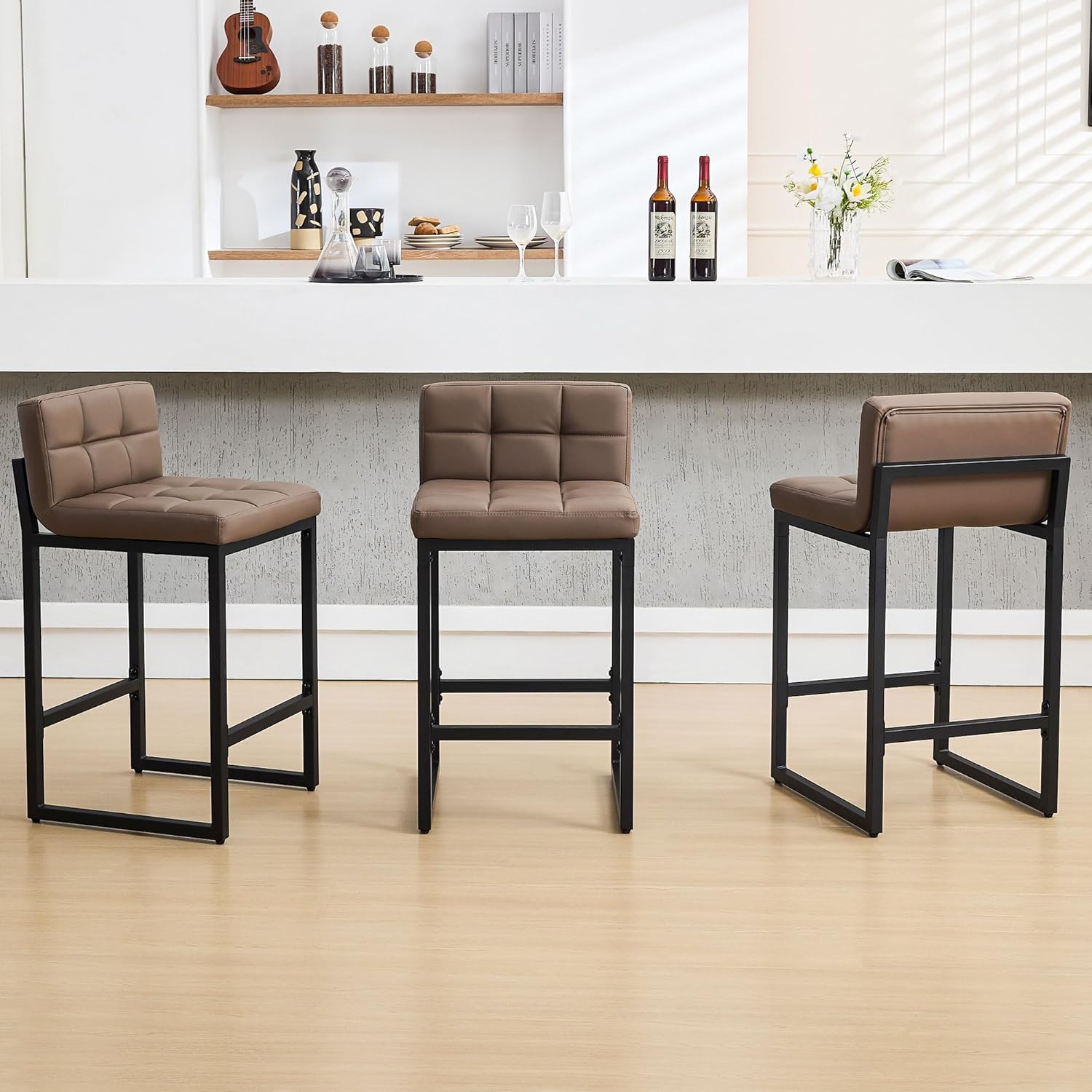 Bar Stools Set of 3, Upholstered PU Leather Counter Height Barstools with Low Back and Thickened Metal Legs, Modern Island Chairs for Kitchen Island (Caramel Brown, 3Pcs 26" Bar Stools)