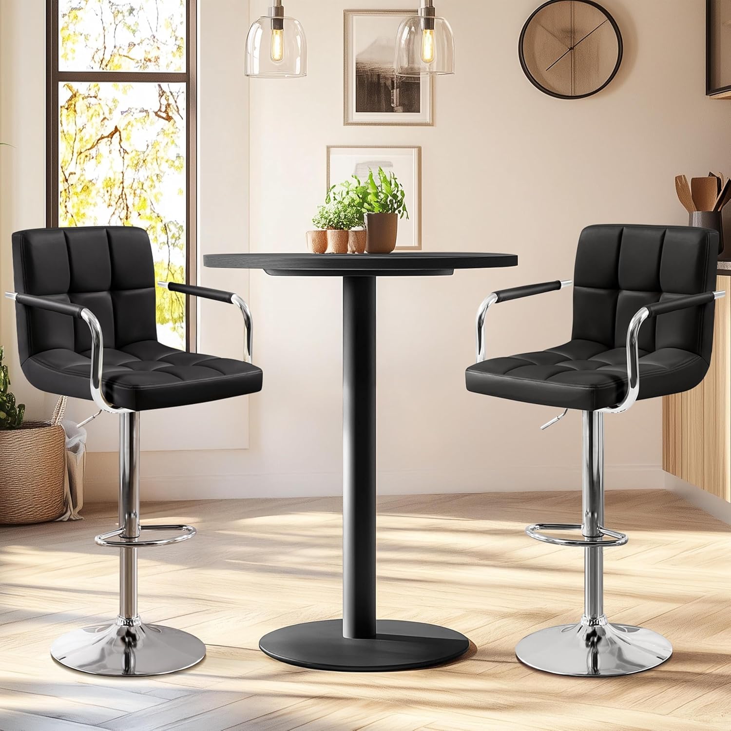Yaheetech Bar Stools Set of 2, PU Leather Height Adjustable Swivel Barstools, Hydraulic Kitchen Counter Height Bar Chairs with Armrest and Back for Kitchen, Dining Room, Black
