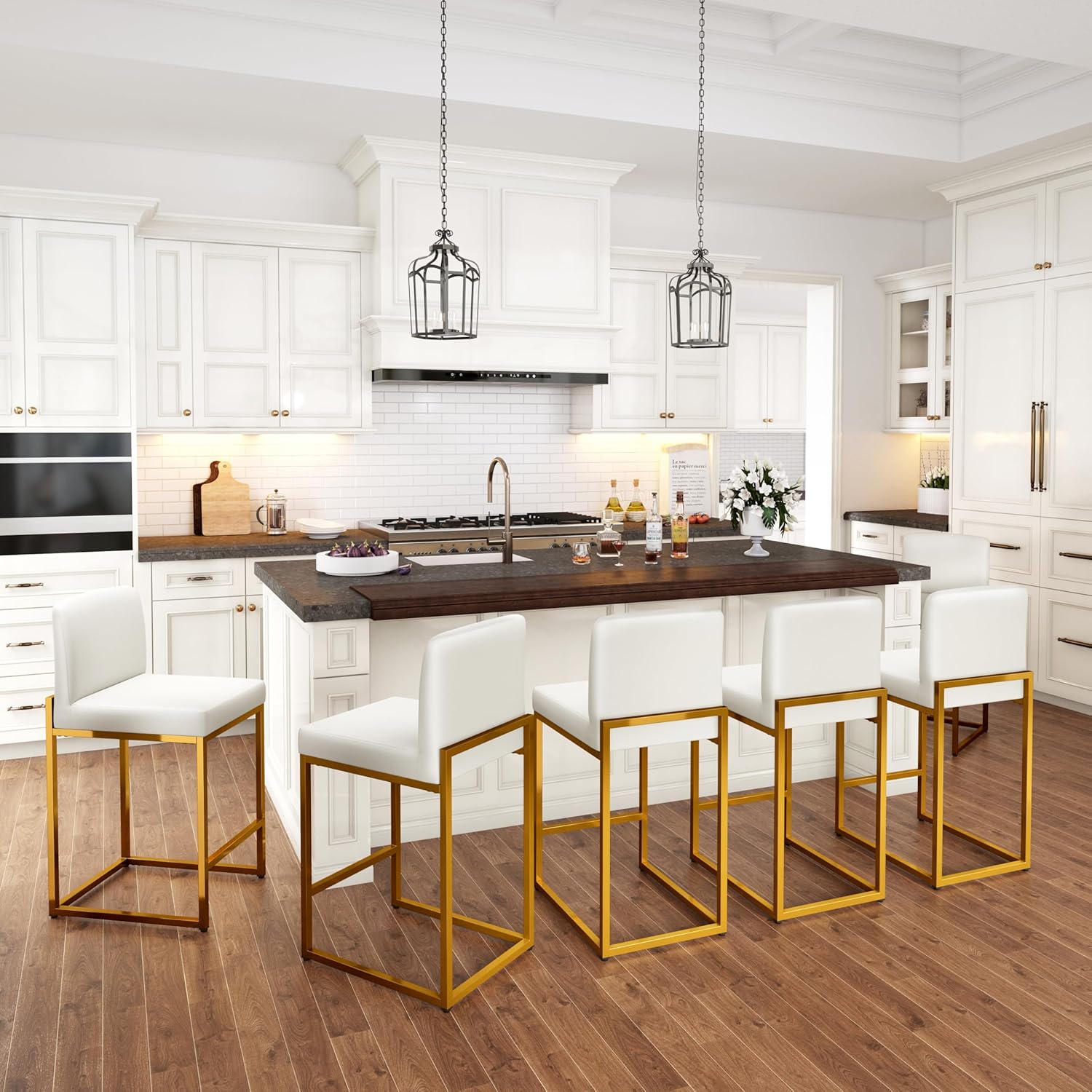 PHI VILLA Black Bar Stools Set of 4, Counter Height 24'' Barstool Pu Leather Bar Stools with Back, Kitchen Bar Chairs