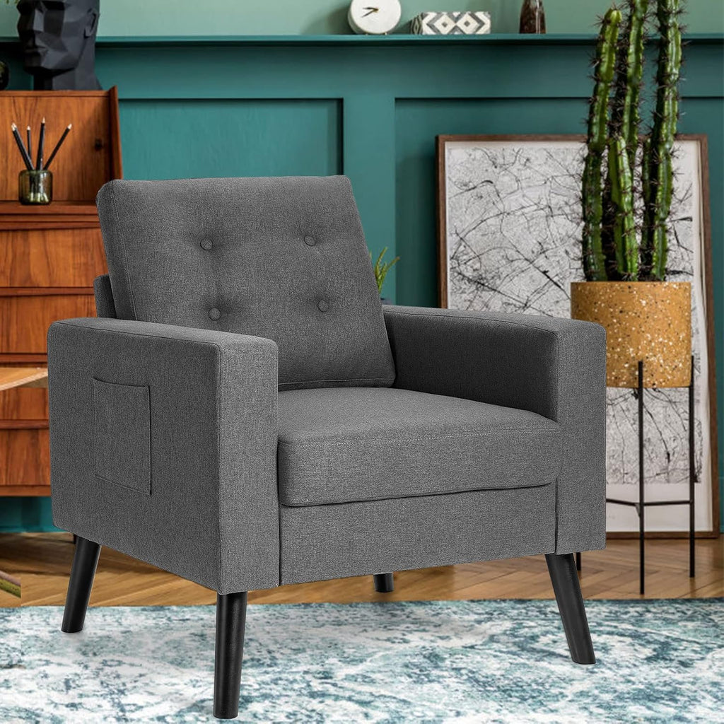 Giantex Modern Accent Chair, Mid-Century Upholstered Armchair Club Chair with Rubber Wood Legs, Patented Linen Fabric Single Sofa for Living Room Bedroom Office, Grey