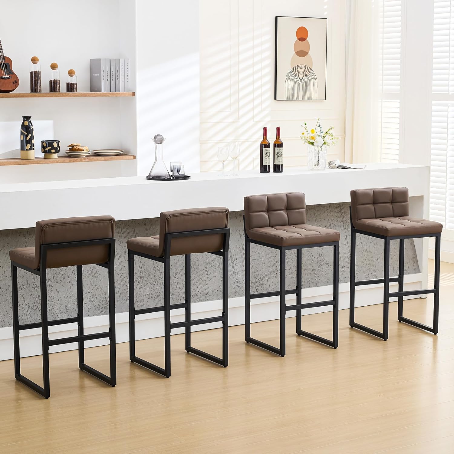 Bar Stools Set of 3, Upholstered PU Leather Counter Height Barstools with Low Back and Thickened Metal Legs, Modern Island Chairs for Kitchen Island (Caramel Brown, 3Pcs 26" Bar Stools)