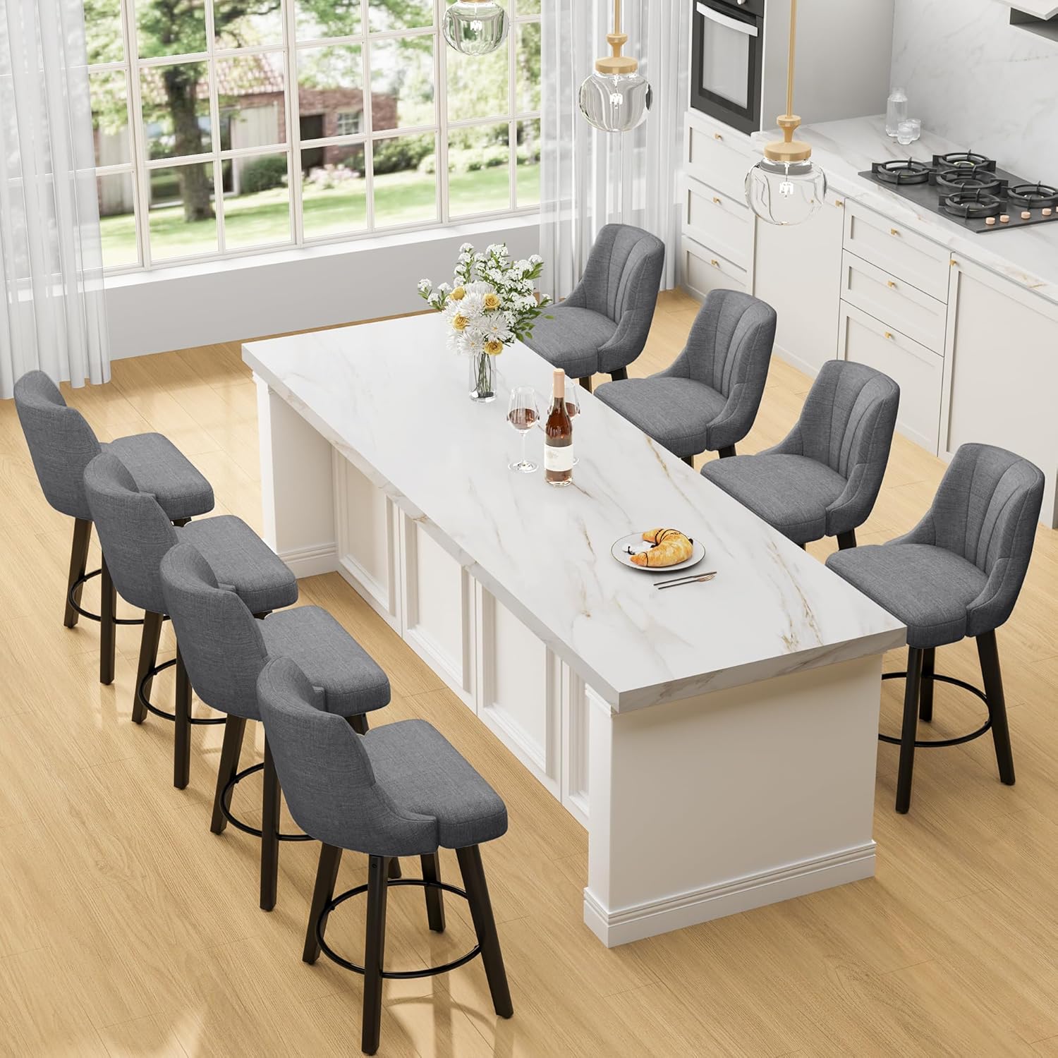 Counter Height Swivel Bar Stool, 24" Upholstered PU Leather Barstools Set of 3, Counter Stool Chair with Back & Solid Wood Legs for Kitchen Island Dining Room (Black)