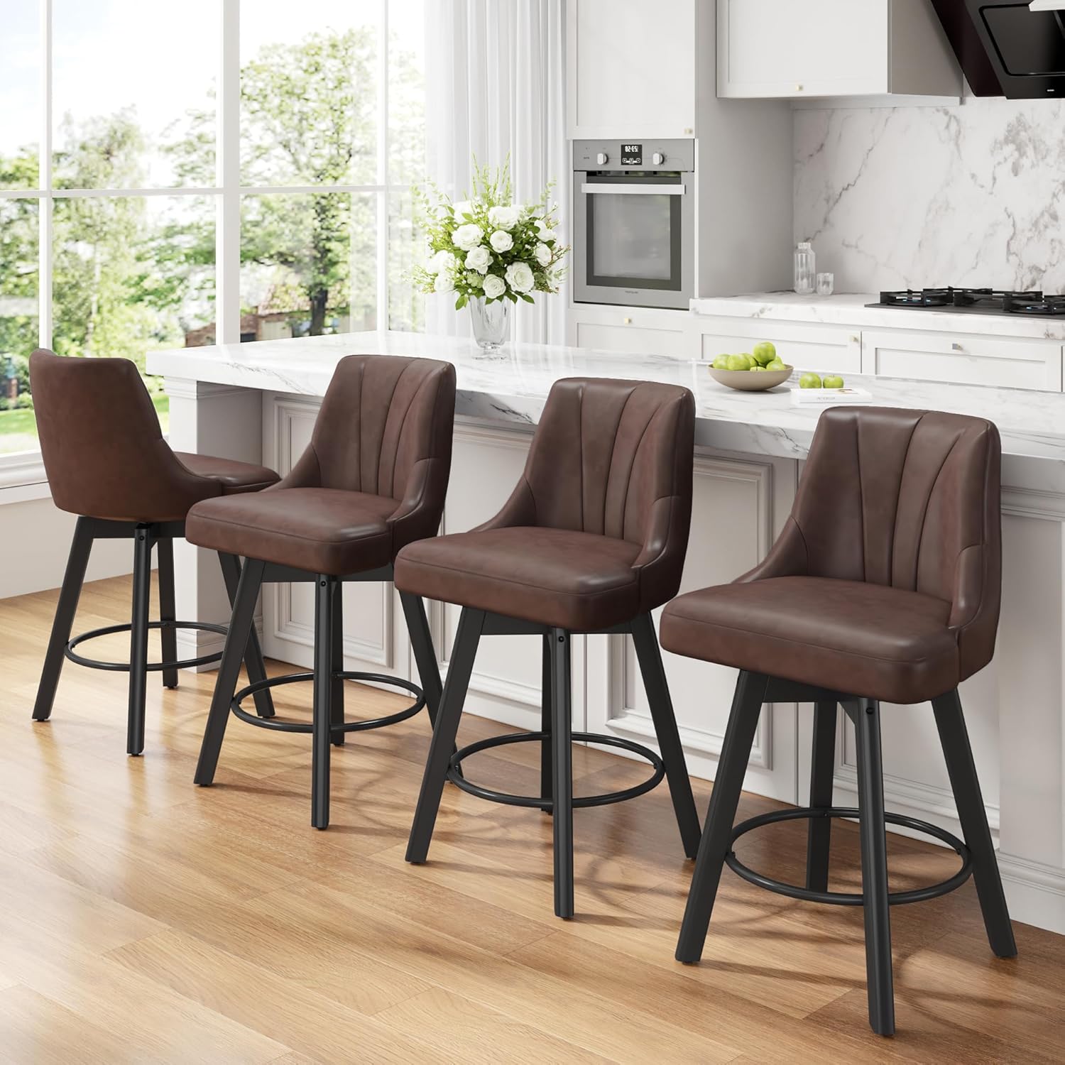 Counter Height Swivel Bar Stool, 24" Upholstered PU Leather Barstools Set of 3, Counter Stool Chair with Back & Solid Wood Legs for Kitchen Island Dining Room (Black)