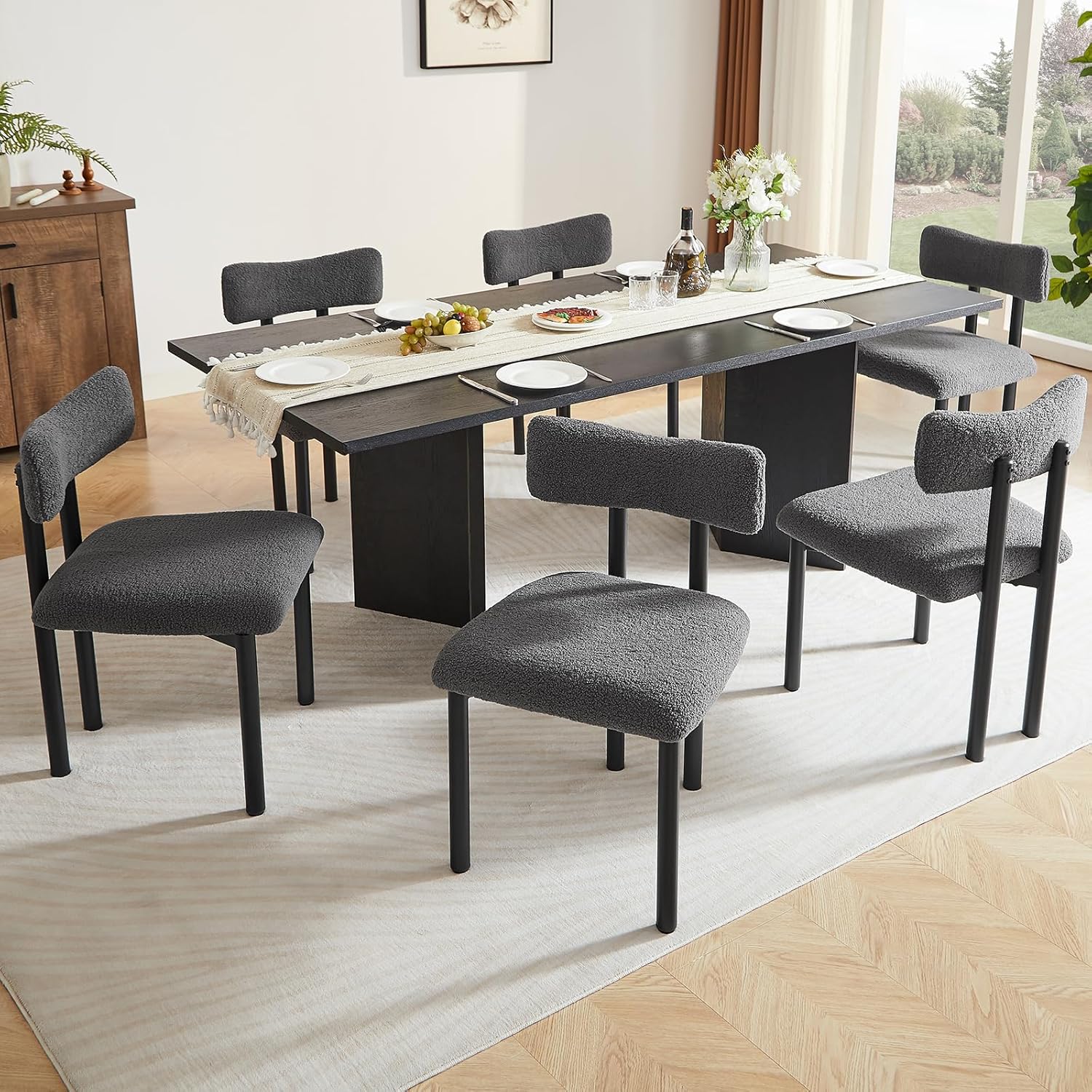 Boucle Dining Chairs Set of 4, Upholstered Kitchen Dinning Room Chair with Curved Backrest and Metal Frame, Mid Century Modern Kitchen Chair for Dining Room, Restaurant, Grey