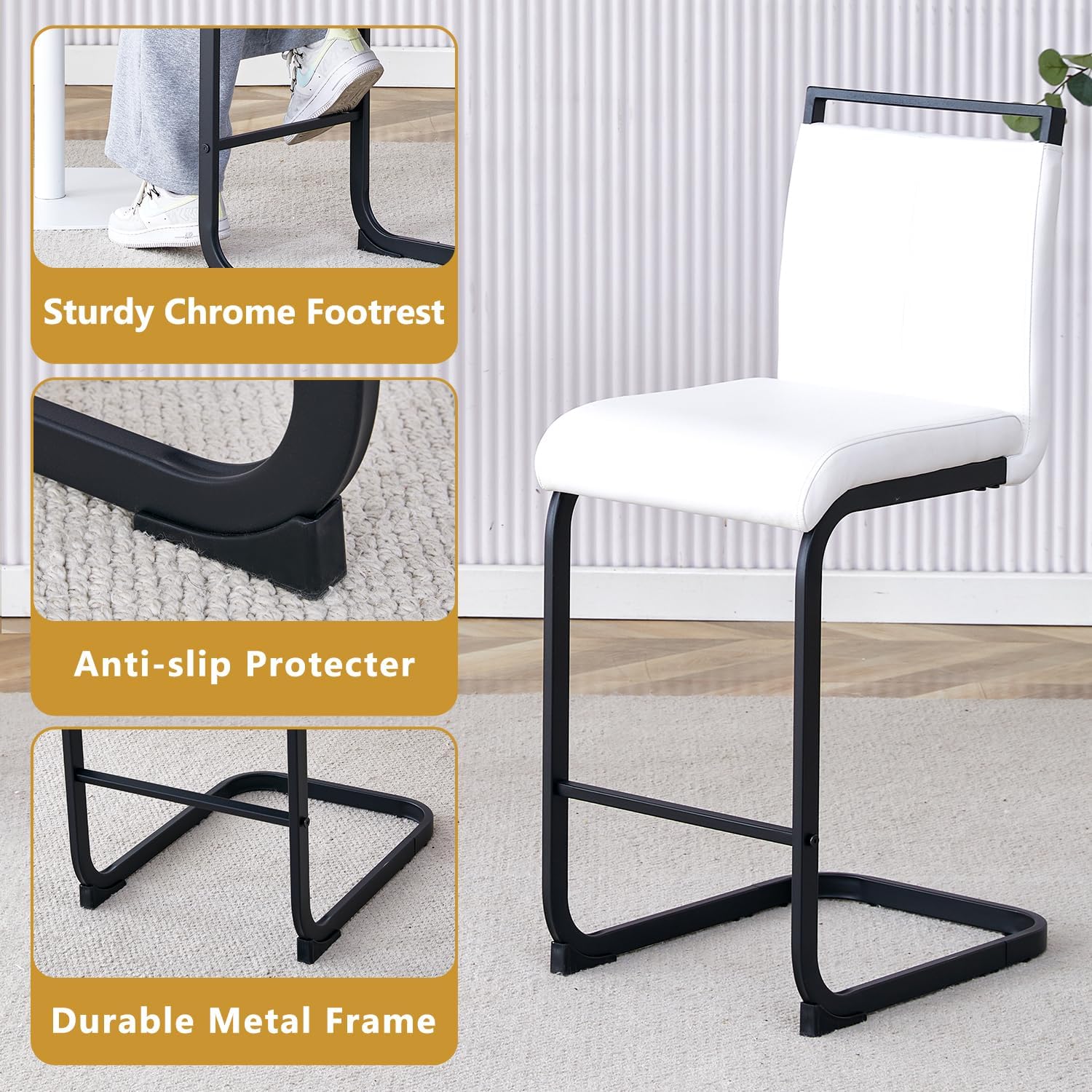 Counter Height Bar Stools Set of 4,25" PU Leather Bar Stools with Back,Counter High Chairs with Black Painted Metal Legs,White Bar Stool of 4 for Kitchen Island,Bar Counter (White,25" H)