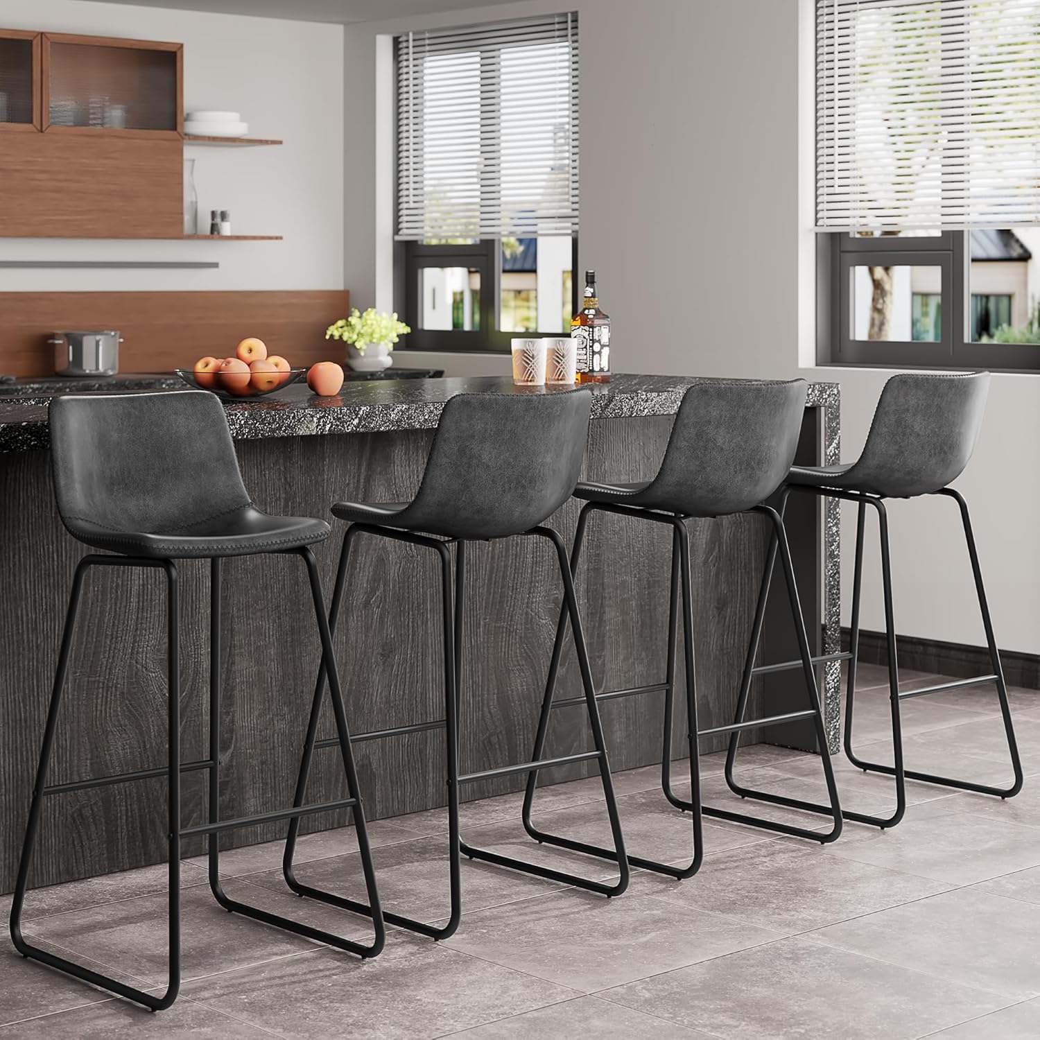 Bar Stools Set of 4, PU Leather Counter Height Bar Stools, 26" Modern Barstools with Metal Legs and Footrest, Urban Armless Dining Chairs with Backrest for Kitchen Island (Brown)