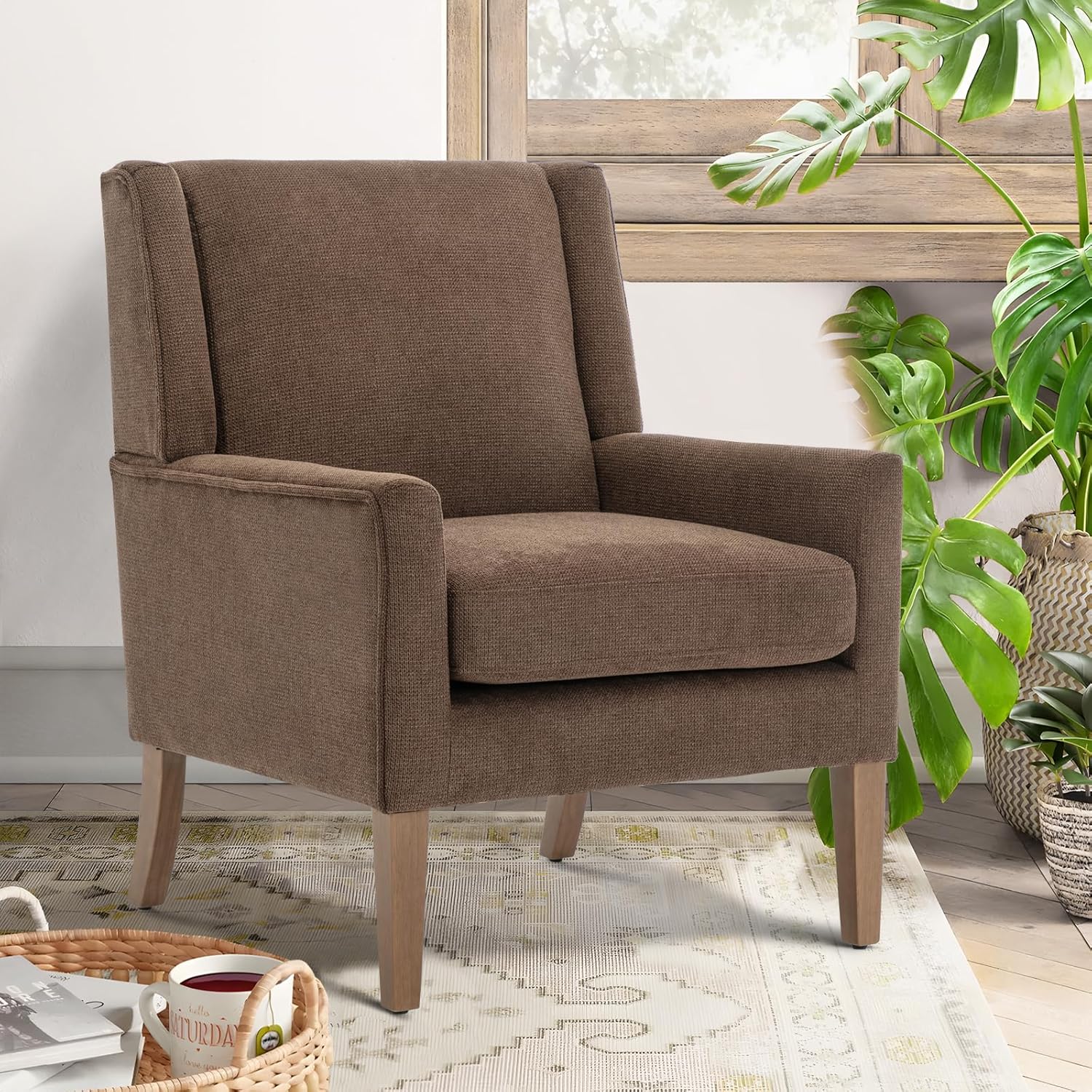 COLAMY Modern Wingback Living Room Chair, Upholstered Fabric Accent Armchair, Single Sofa Chair with Lounge Seat and Wood Legs for Bedroom/Office/Reading Spaces, Gery