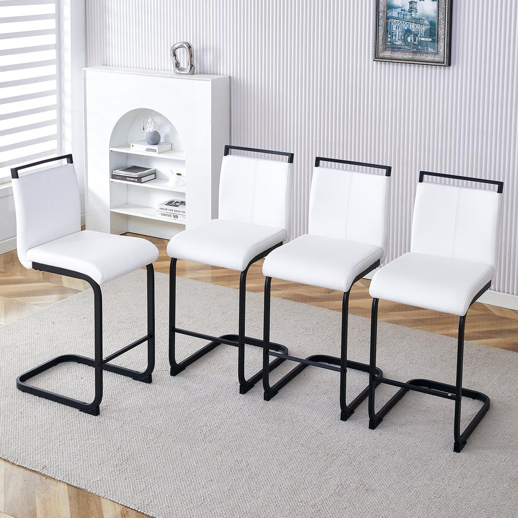 Counter Height Bar Stools Set of 4,25" PU Leather Bar Stools with Back,Counter High Chairs with Black Painted Metal Legs,White Bar Stool of 4 for Kitchen Island,Bar Counter (White,25" H)