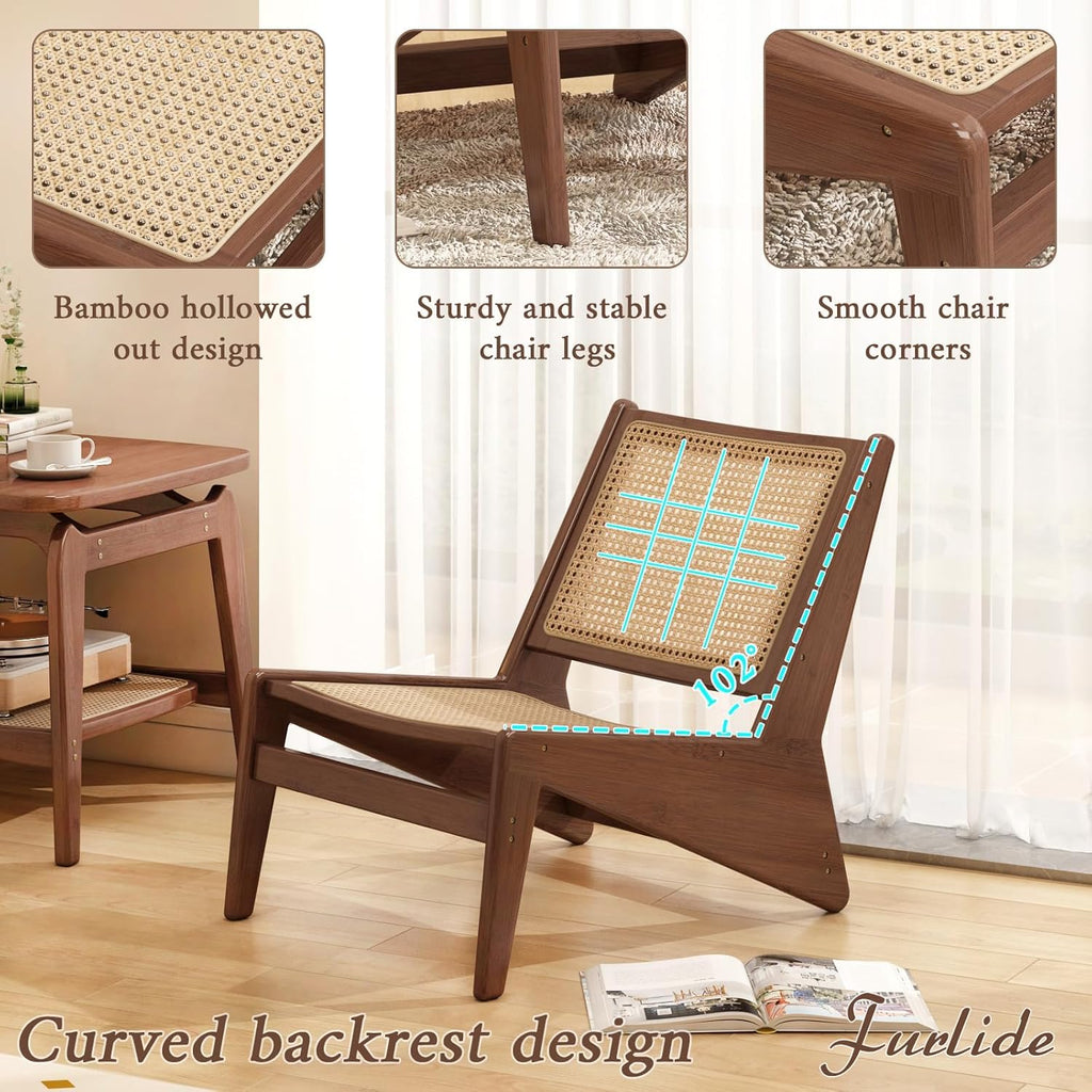 Mid-Century Accent Chair, Rattan Lounge Chair for Living Room, Boho Side Corner Comfy Chair for Bedroom and Balcony, Walnut