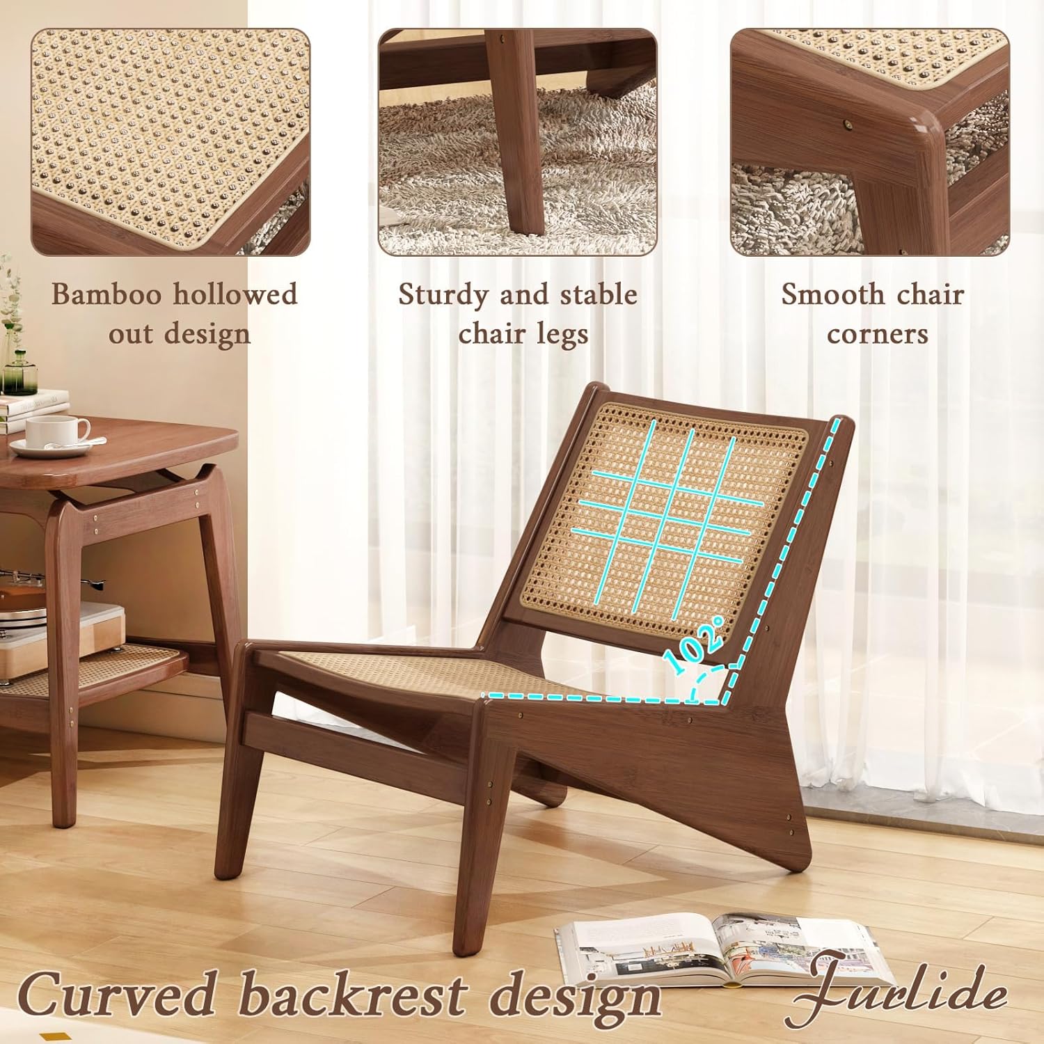 Mid-Century Accent Chair, Rattan Lounge Chair for Living Room, Boho Side Corner Comfy Chair for Bedroom and Balcony, Walnut