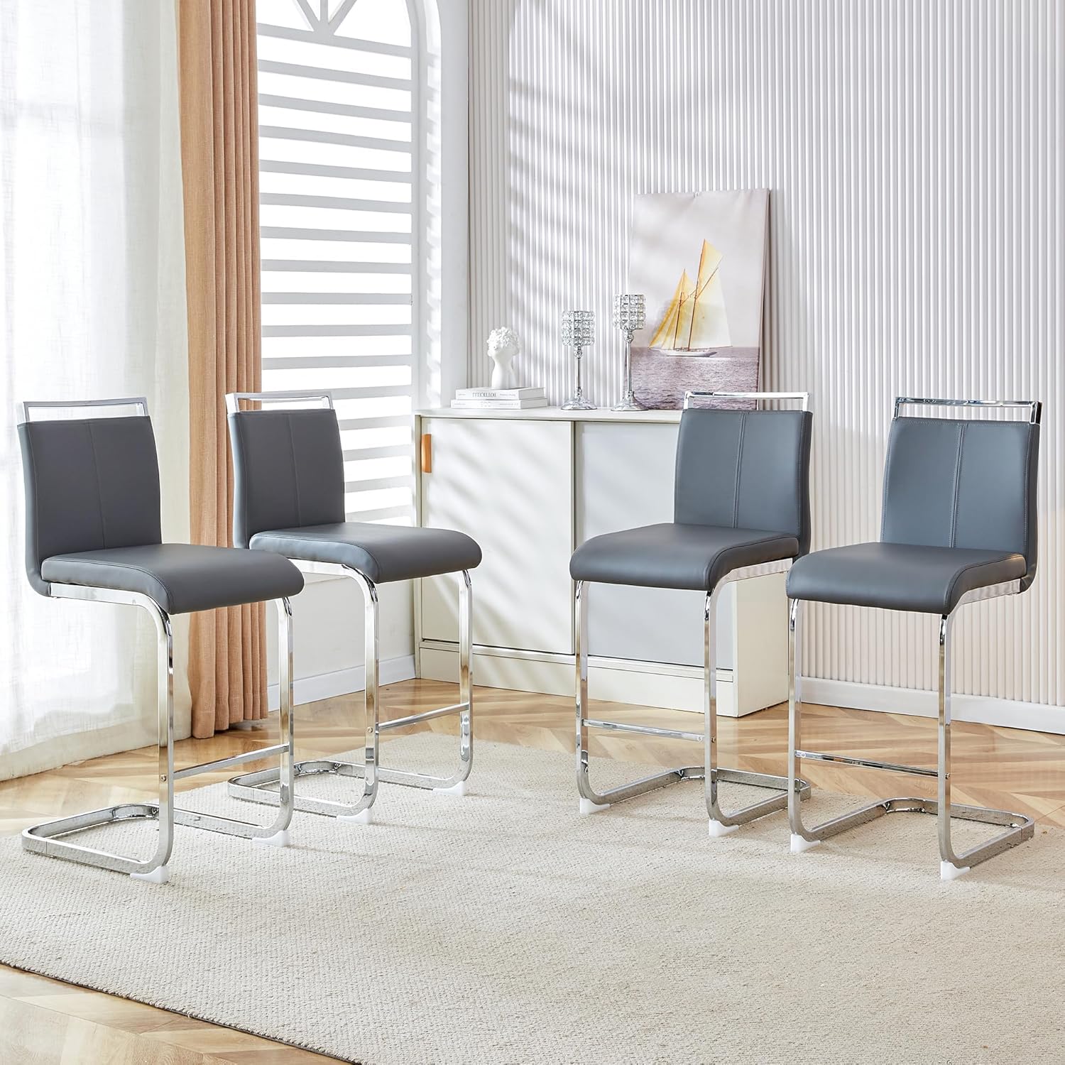 Counter Height Bar Stools Set of 4,25" PU Leather Bar Stools with Back,Counter High Chairs with Black Painted Metal Legs,White Bar Stool of 4 for Kitchen Island,Bar Counter (White,25" H)