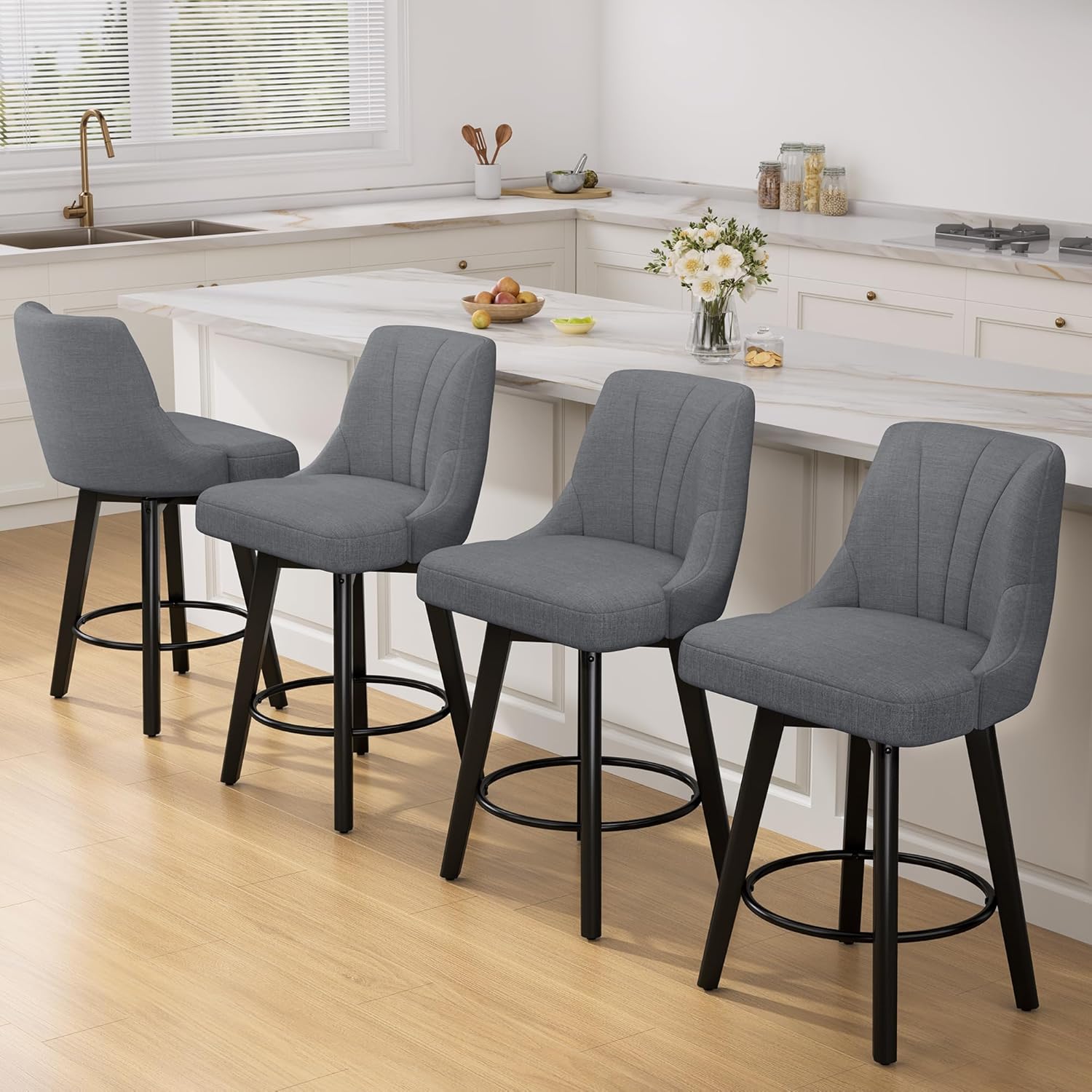 Counter Height Swivel Bar Stool, 24" Upholstered PU Leather Barstools Set of 3, Counter Stool Chair with Back & Solid Wood Legs for Kitchen Island Dining Room (Black)