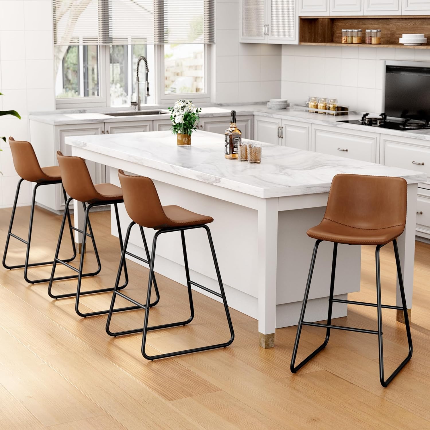 Bar Stools Set of 4, PU Leather Counter Height Bar Stools, 26" Modern Barstools with Metal Legs and Footrest, Urban Armless Dining Chairs with Backrest for Kitchen Island (Brown)