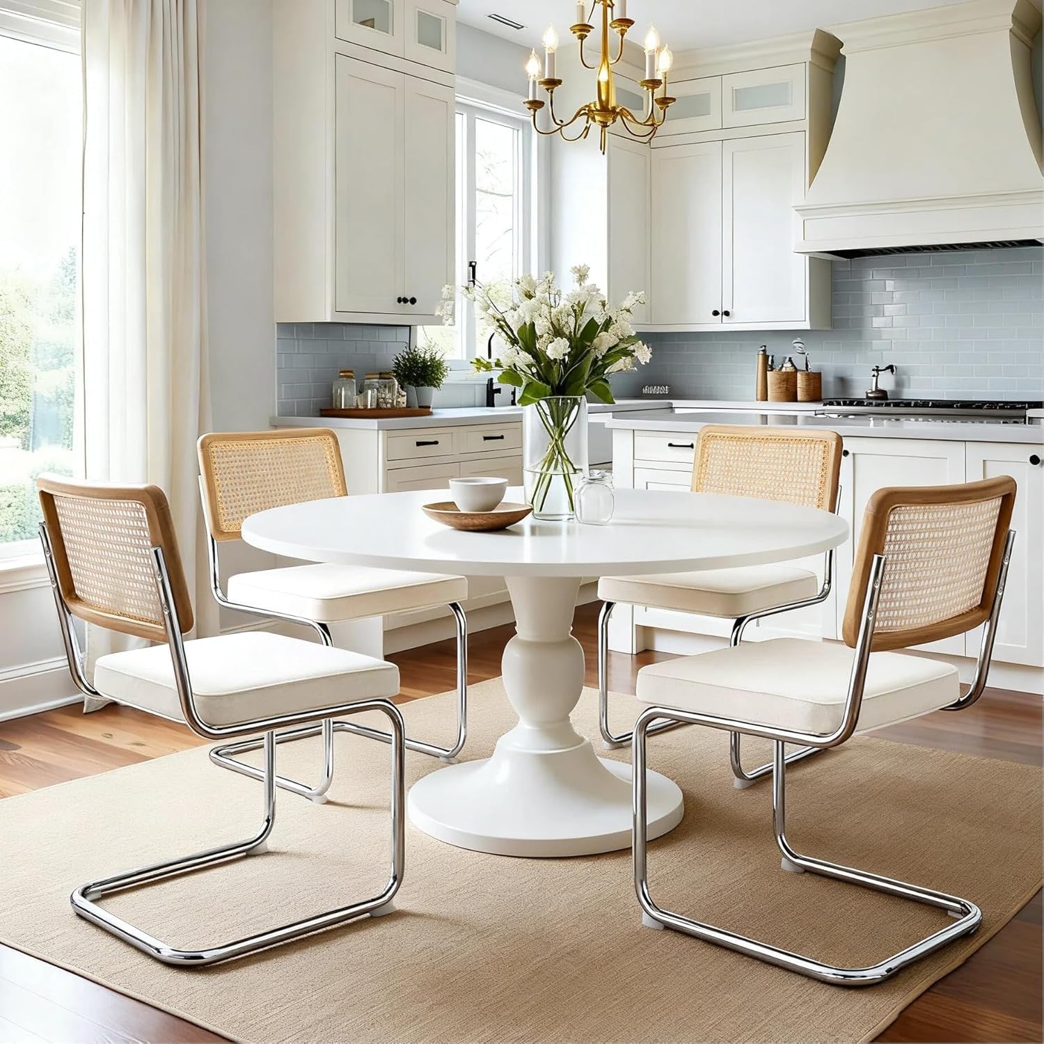 Zesthouse Natural Rattan Dining Chairs Set of 2, Modern Dining Room Chairs with Solid Wood Back for Kitchen Living Room, Mid Century Breuer Design Inspired, Upholstered Faux Leather Brown